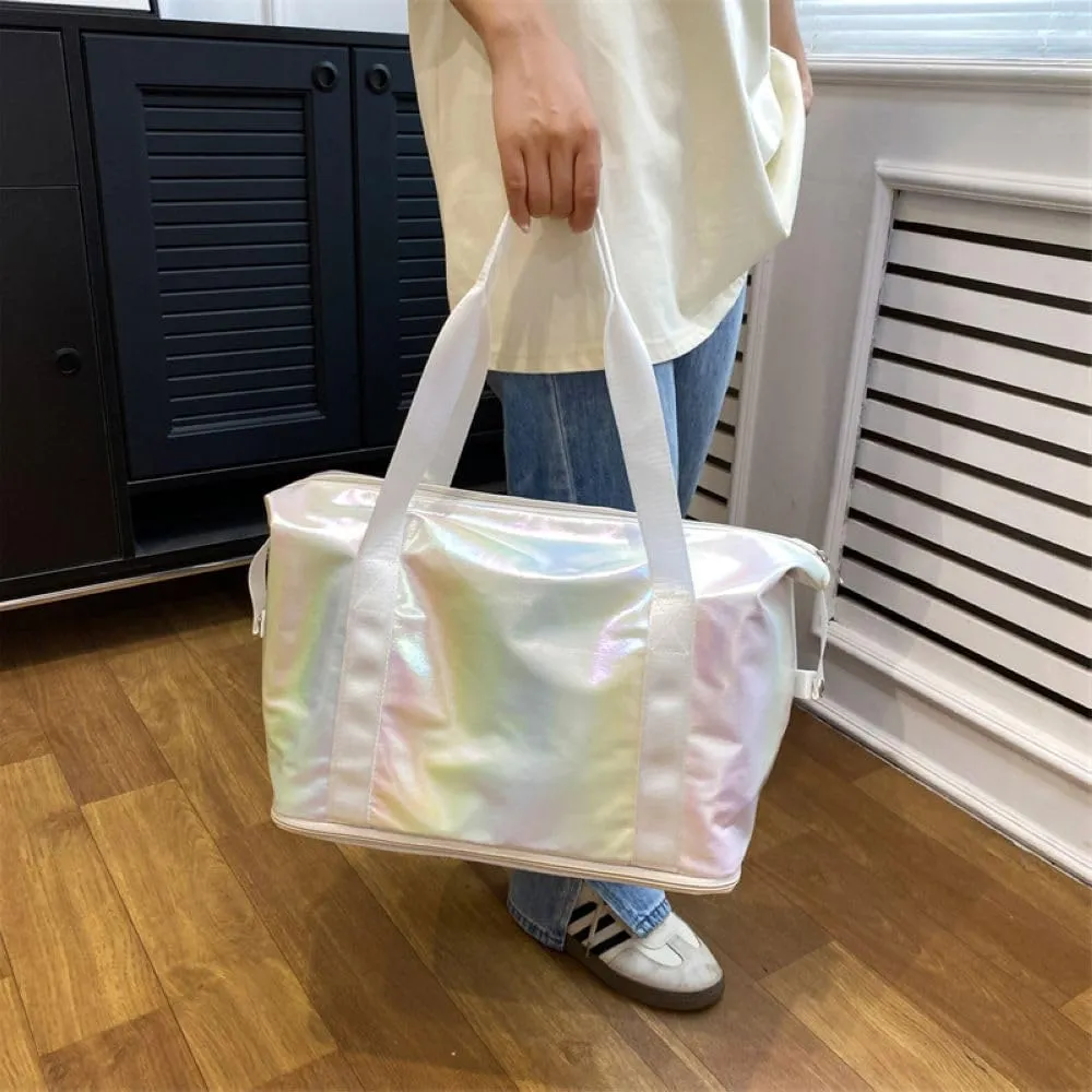 Dazzling Foldable Gym Bag for Women,Sports Travel Duffel Bag, Weekender Overnight Bag with Wet Pocket and Shoes Compartment for Women, Travel,Workout,Gym, Yoga G04 (Beige)