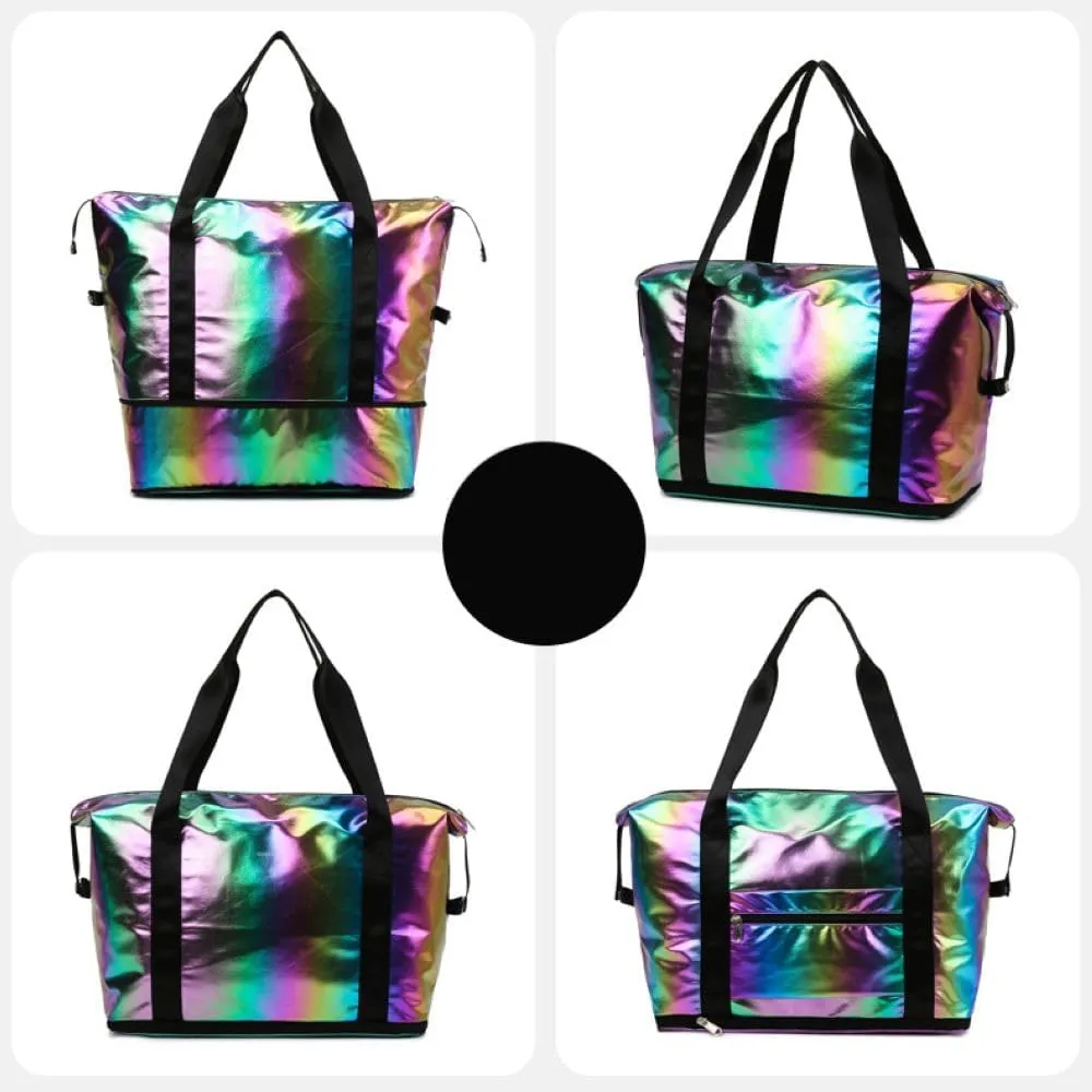 Dazzling Foldable Gym Bag for Women,Sports Travel Duffel Bag, Weekender Overnight Bag with Wet Pocket and Shoes Compartment for Women, Travel,Workout,Gym, Yoga G04 (Black)
