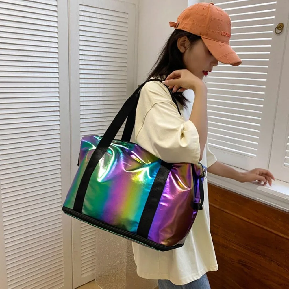 Dazzling Foldable Gym Bag for Women,Sports Travel Duffel Bag, Weekender Overnight Bag with Wet Pocket and Shoes Compartment for Women, Travel,Workout,Gym, Yoga G04 (Black)