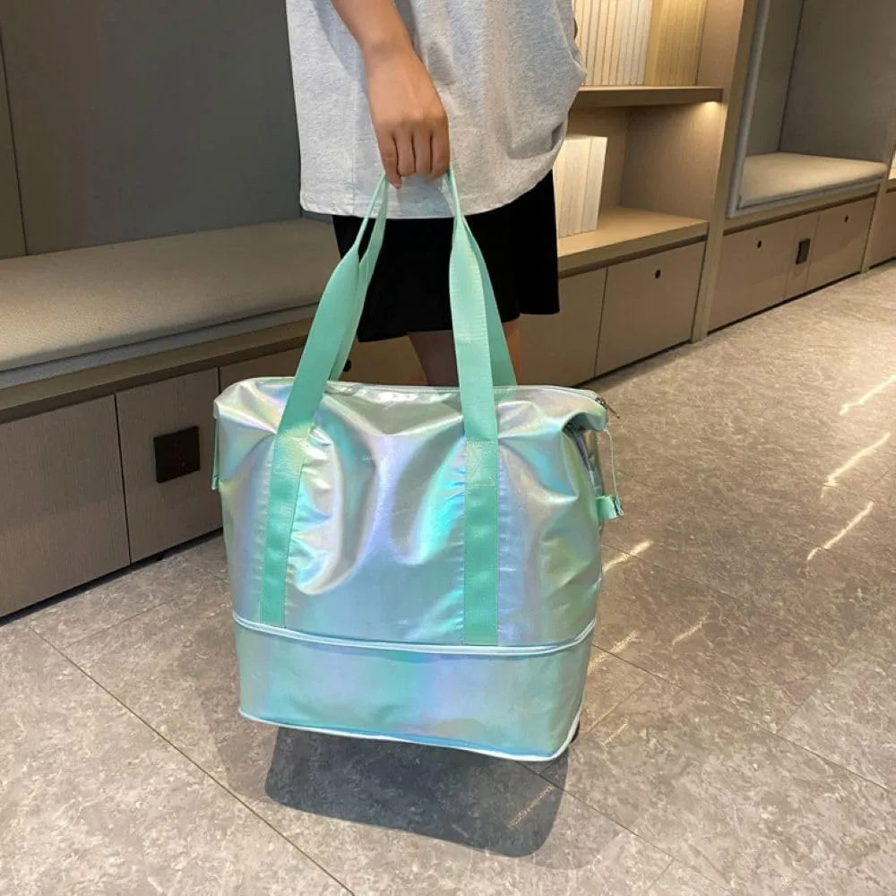 Dazzling Foldable Gym Bag for Women,Sports Travel Duffel Bag, Weekender Overnight Bag with Wet Pocket and Shoes Compartment for Women, Travel,Workout,Gym, Yoga G04 (Blue)