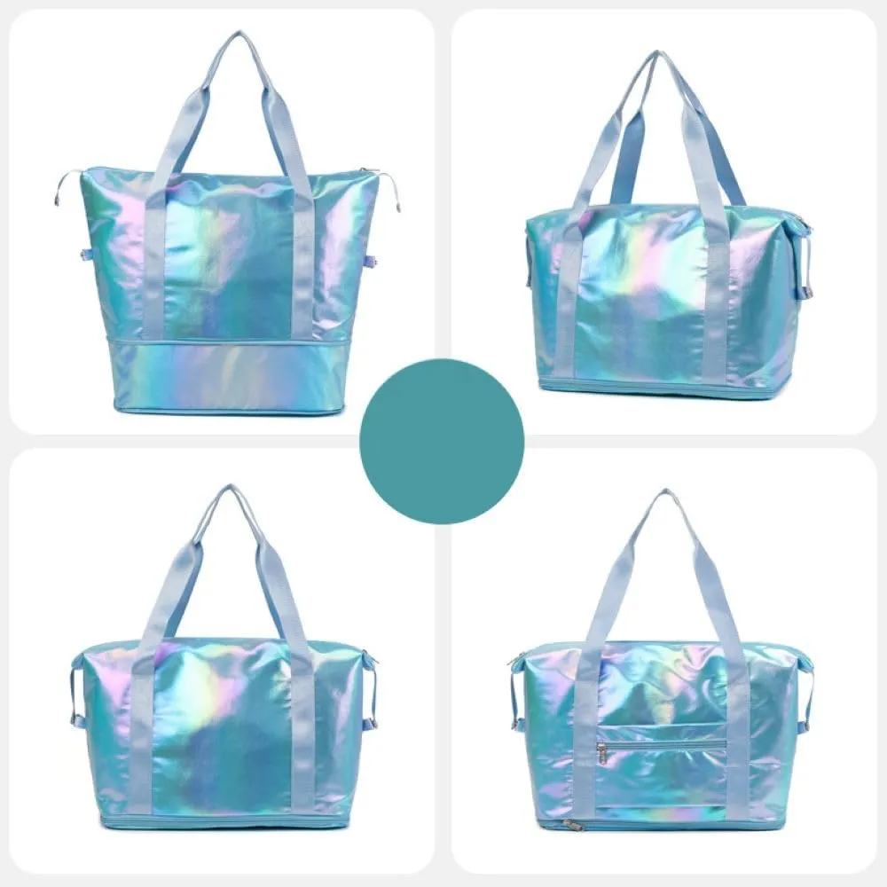 Dazzling Foldable Gym Bag for Women,Sports Travel Duffel Bag, Weekender Overnight Bag with Wet Pocket and Shoes Compartment for Women, Travel,Workout,Gym, Yoga G04 (Blue)