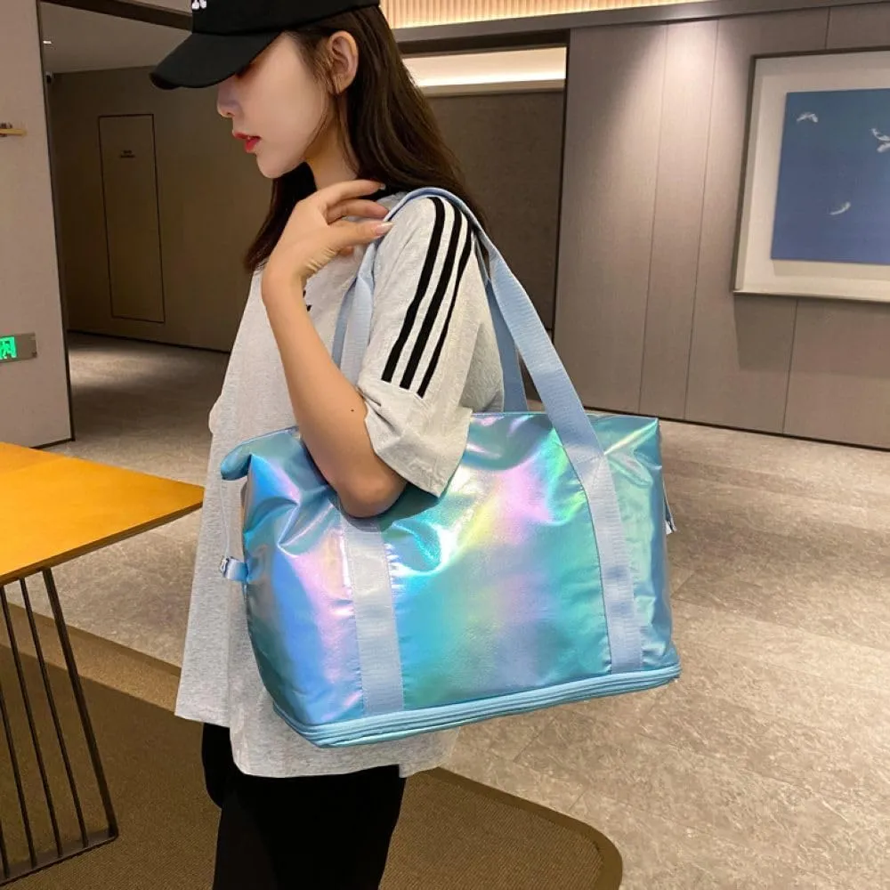 Dazzling Foldable Gym Bag for Women,Sports Travel Duffel Bag, Weekender Overnight Bag with Wet Pocket and Shoes Compartment for Women, Travel,Workout,Gym, Yoga G04 (Blue)