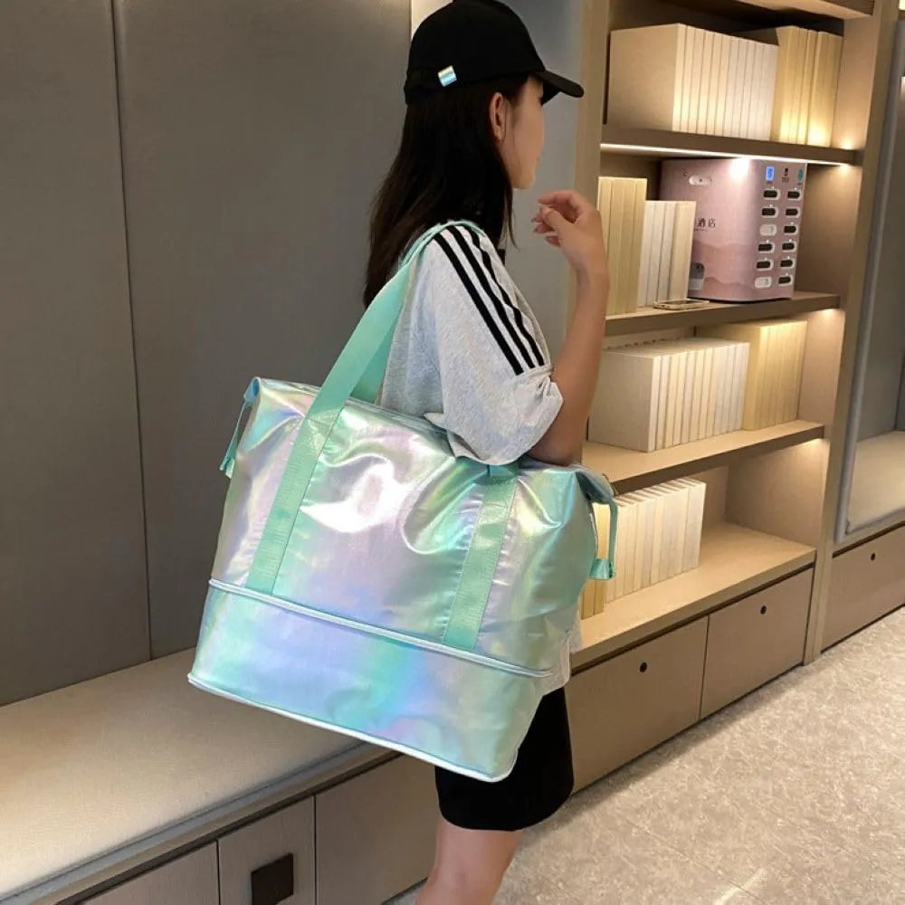 Dazzling Foldable Gym Bag for Women,Sports Travel Duffel Bag, Weekender Overnight Bag with Wet Pocket and Shoes Compartment for Women, Travel,Workout,Gym, Yoga G04 (Green)