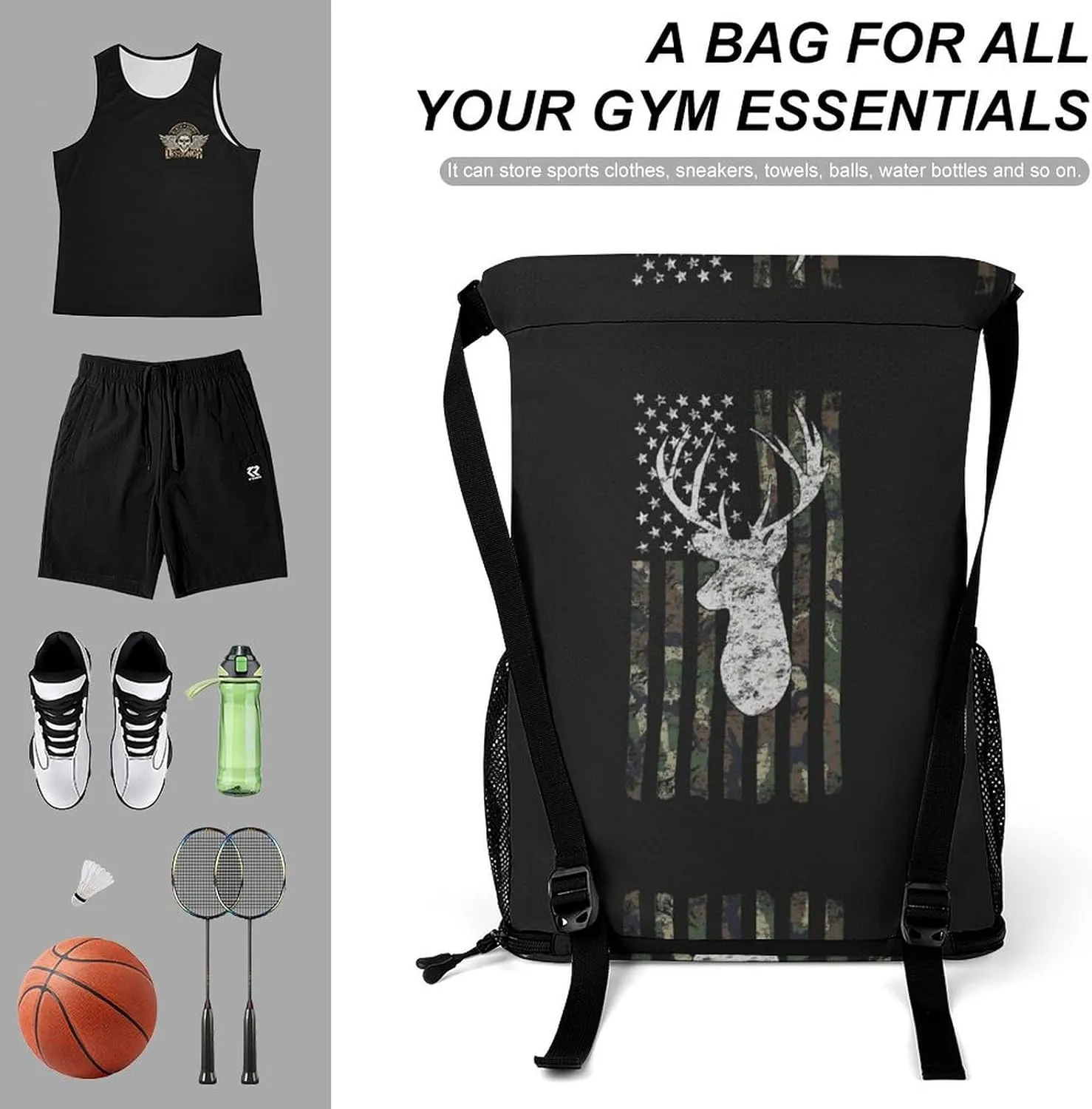 Deer Camo Camouflage American Flag Sports Bundle Pocket with Dry Wet Separation Unisex