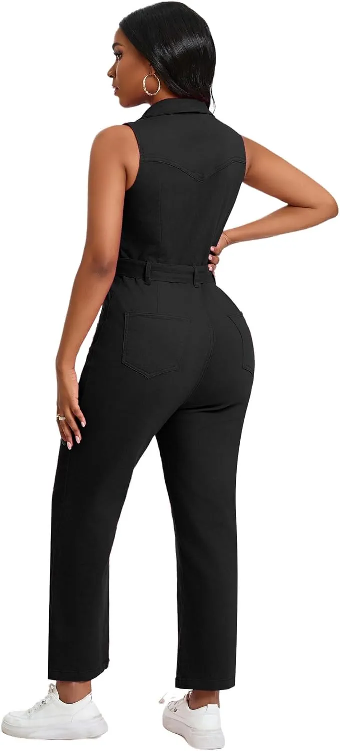Denim Jumpsuit for Women Sexy Slim Fit Zipper Sleeveless V-Neck High Waist Fashion Jean Pants Rompers