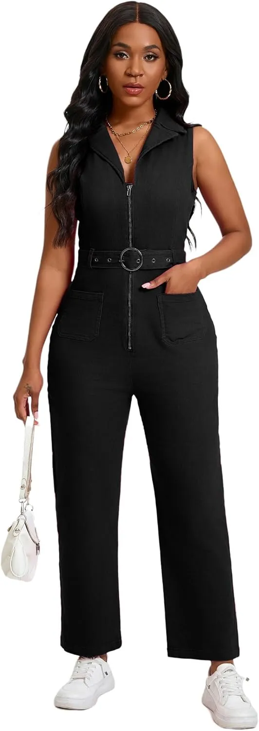 Denim Jumpsuit for Women Sexy Slim Fit Zipper Sleeveless V-Neck High Waist Fashion Jean Pants Rompers