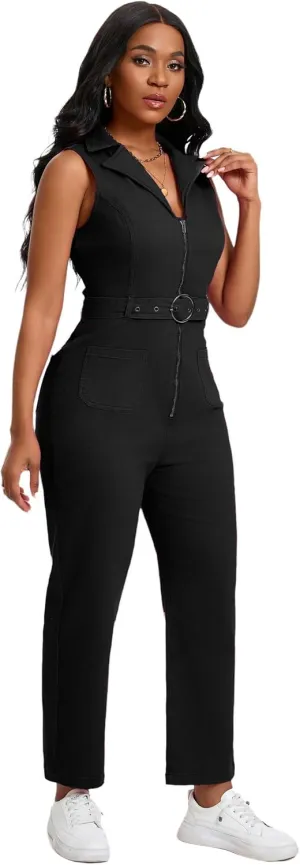 Denim Jumpsuit for Women Sexy Slim Fit Zipper Sleeveless V-Neck High Waist Fashion Jean Pants Rompers