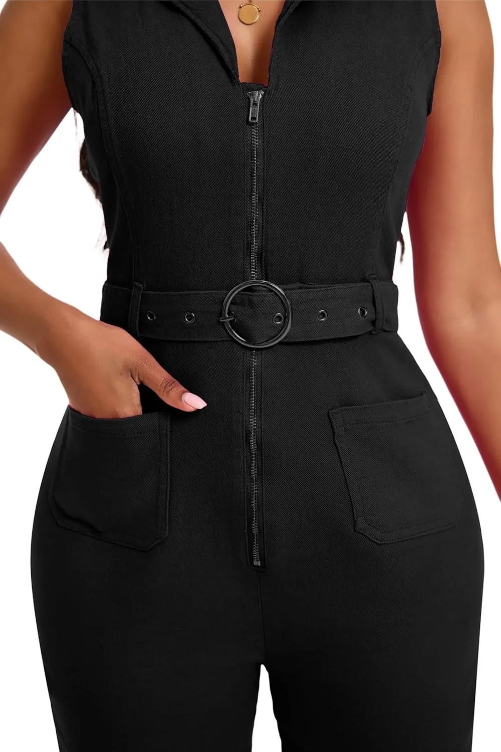 Denim Jumpsuit for Women Sexy Slim Fit Zipper Sleeveless V-Neck High Waist Fashion Jean Pants Rompers