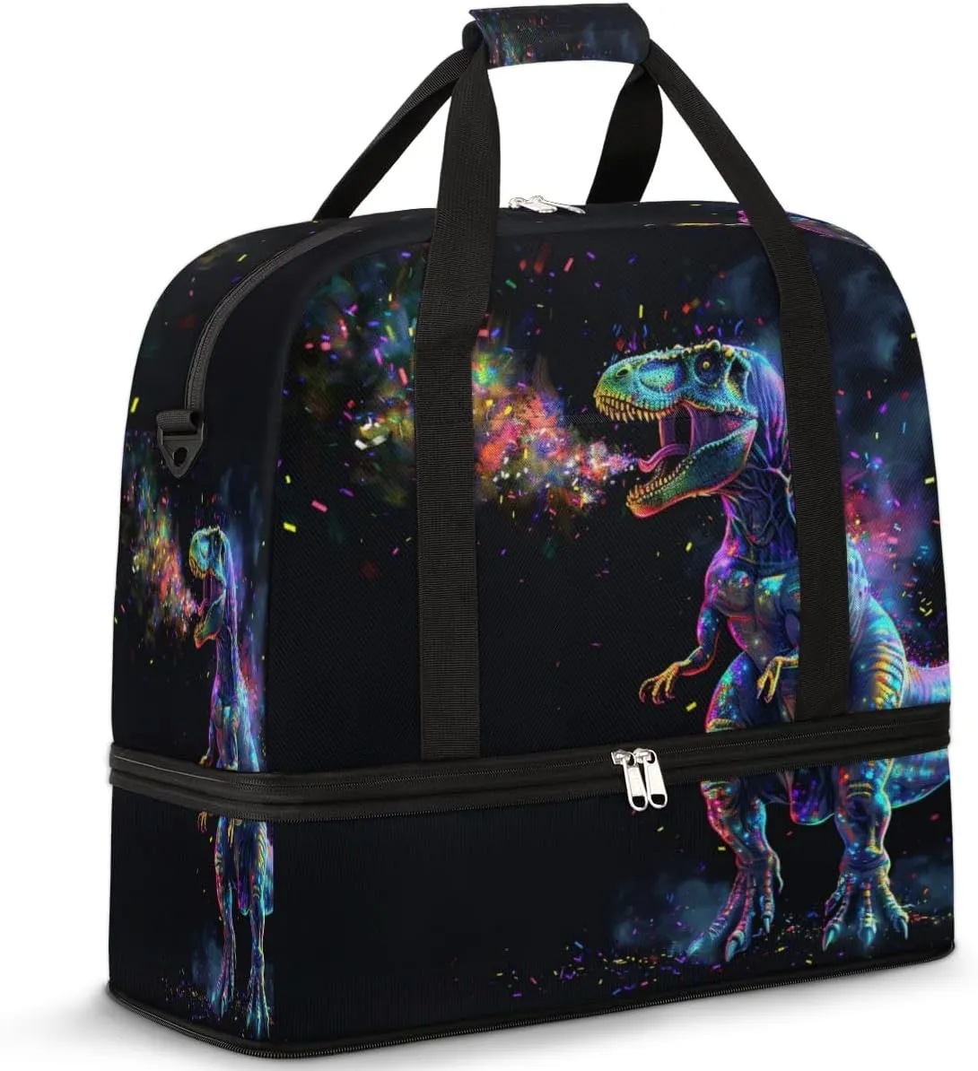 Dinosaur Space Travel Duffel Bag for Women Men, Glowing Dinosaur Sports Gym Bag with Shoes Compartment Foldable Overnight Bag Weekender Tote Workout Carry On Luggage Bag