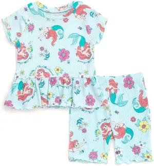Disney Junior Ribbed Peplum T-Shirt and Bike Shorts Outfit Set Newborn to Big Kid Sizes (0-3 Months - 14-16)