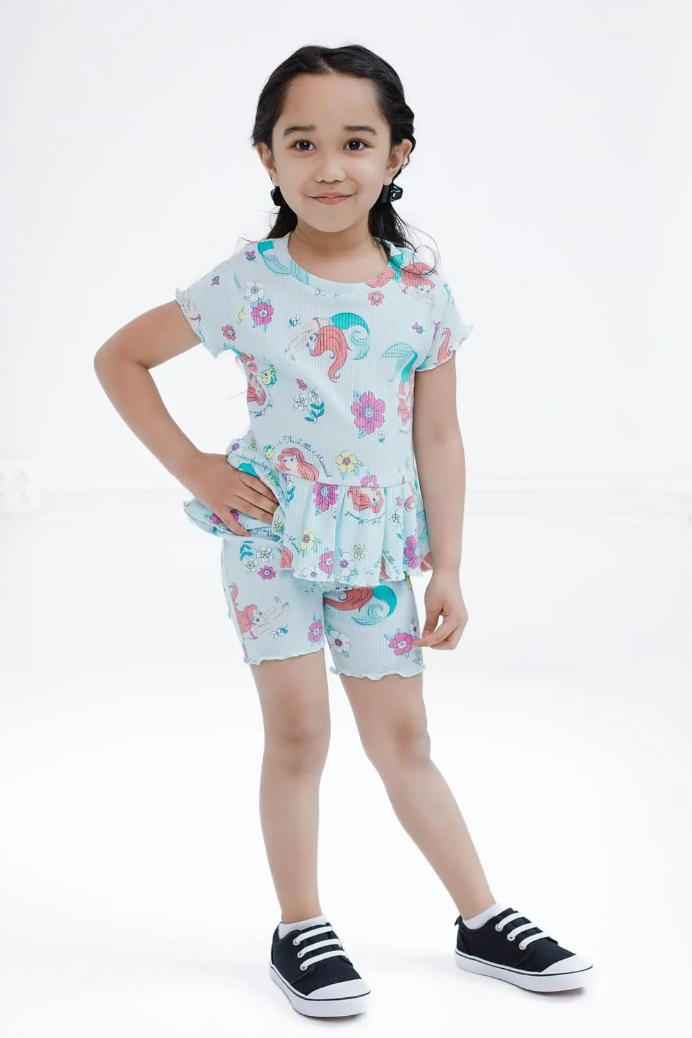 Disney Junior Ribbed Peplum T-Shirt and Bike Shorts Outfit Set Newborn to Big Kid Sizes (0-3 Months - 14-16)