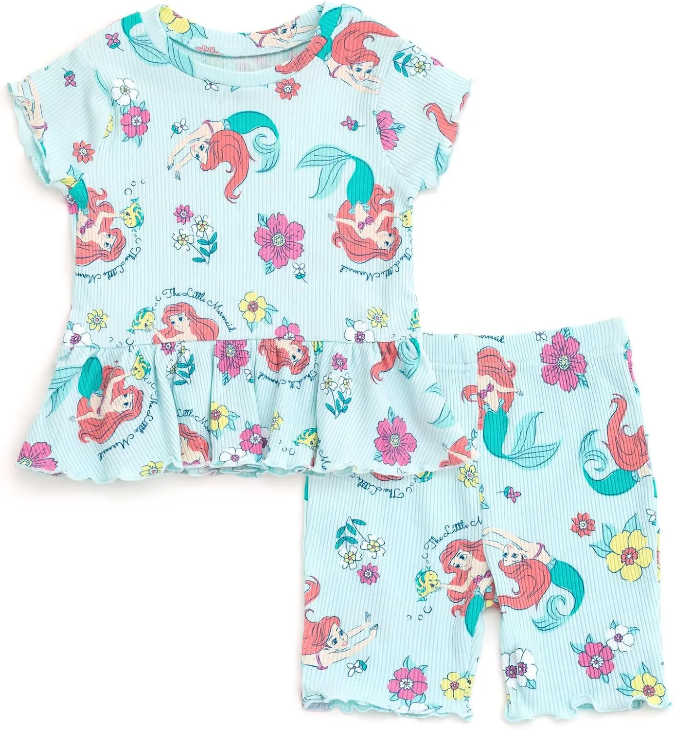 Disney Junior Ribbed Peplum T-Shirt and Bike Shorts Outfit Set Newborn to Big Kid Sizes (0-3 Months - 14-16)