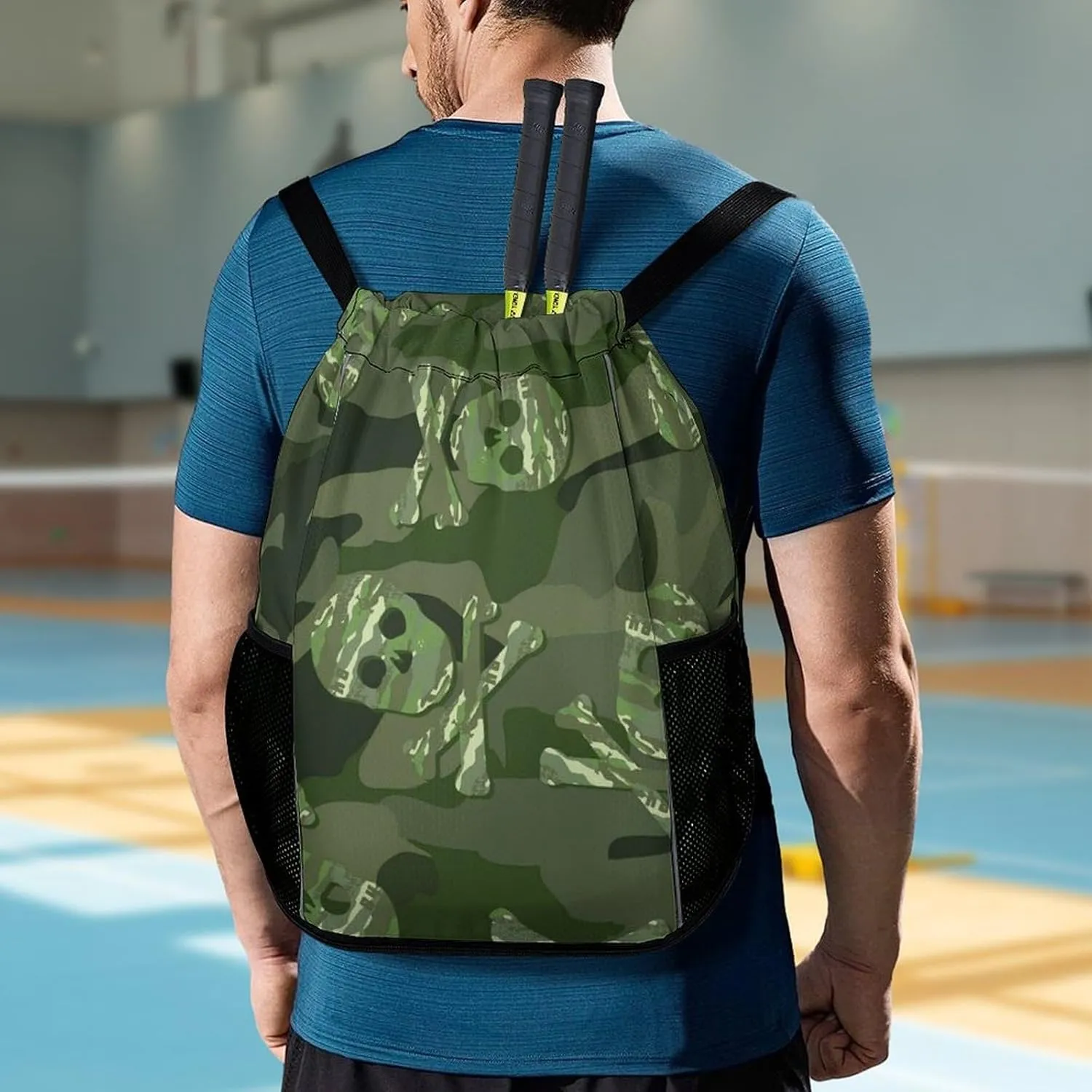 Drawstring Backpack 3D Print Lightweight Cinch Bag Compatible with Skull Green Camo Camouflage Gym Sack String Bag with Shoes Compartment and Small Zipper Pockets for Men Women