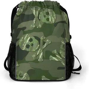 Drawstring Backpack 3D Print Lightweight Cinch Bag Compatible with Skull Green Camo Camouflage Gym Sack String Bag with Shoes Compartment and Small Zipper Pockets for Men Women
