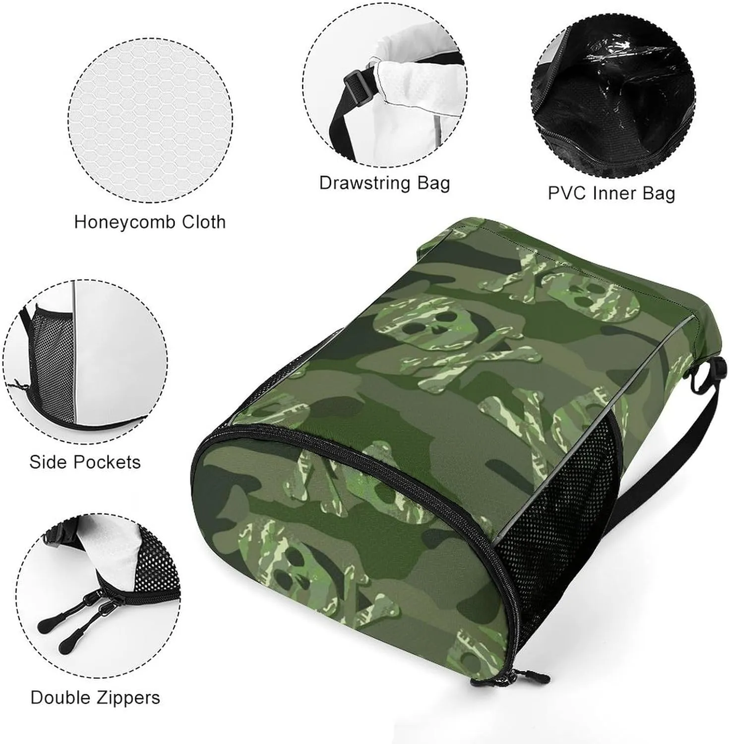 Drawstring Backpack 3D Print Lightweight Cinch Bag Compatible with Skull Green Camo Camouflage Gym Sack String Bag with Shoes Compartment and Small Zipper Pockets for Men Women