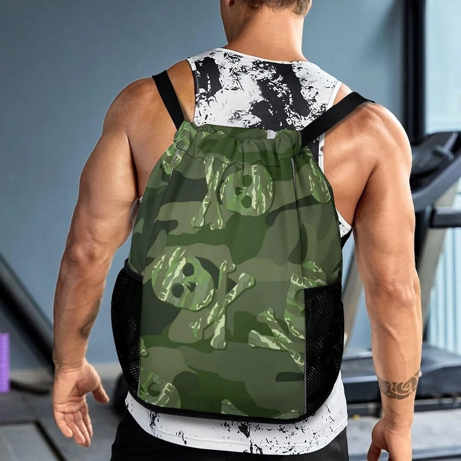 Drawstring Backpack 3D Print Lightweight Cinch Bag Compatible with Skull Green Camo Camouflage Gym Sack String Bag with Shoes Compartment and Small Zipper Pockets for Men Women