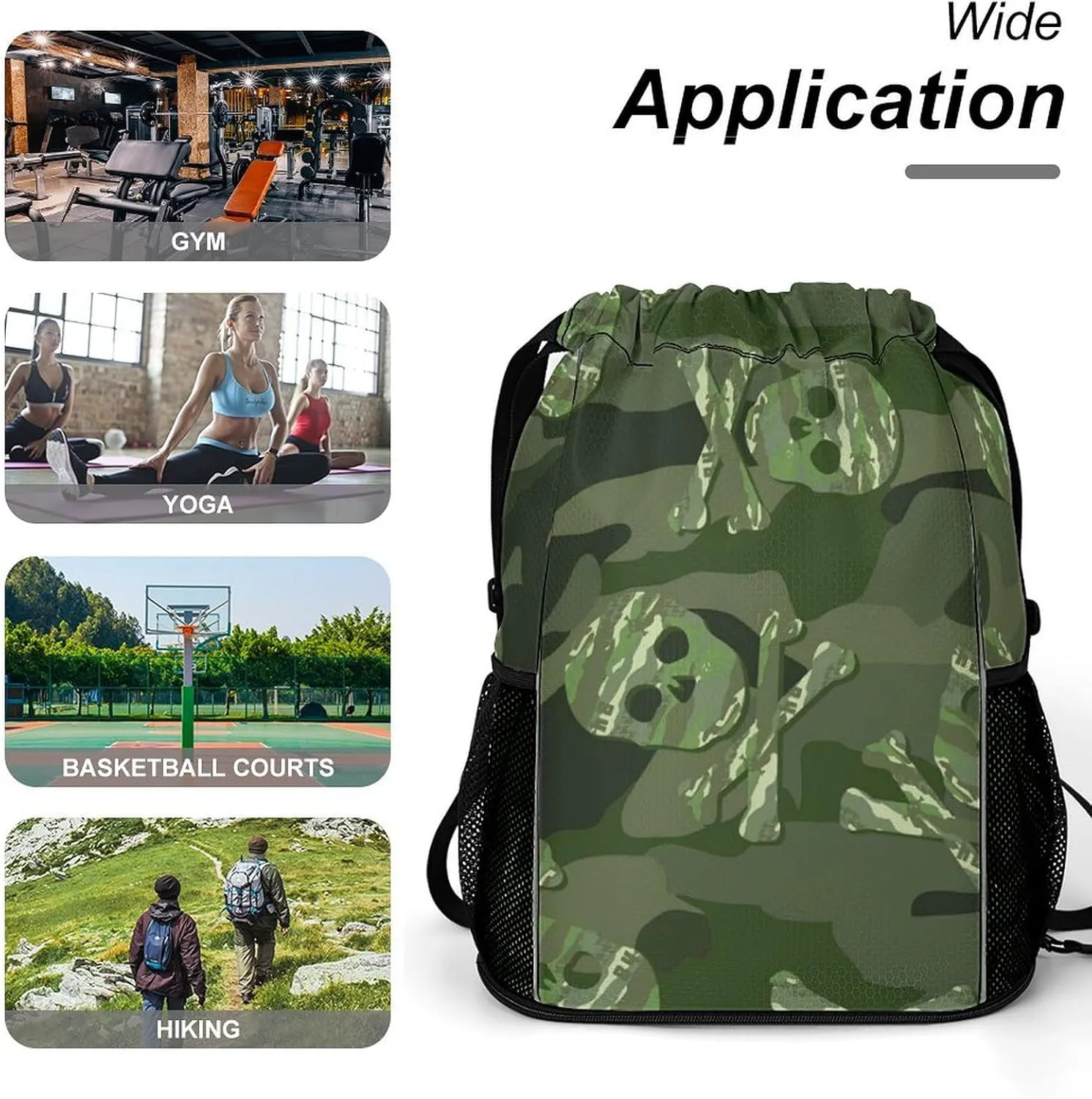 Drawstring Backpack 3D Print Lightweight Cinch Bag Compatible with Skull Green Camo Camouflage Gym Sack String Bag with Shoes Compartment and Small Zipper Pockets for Men Women