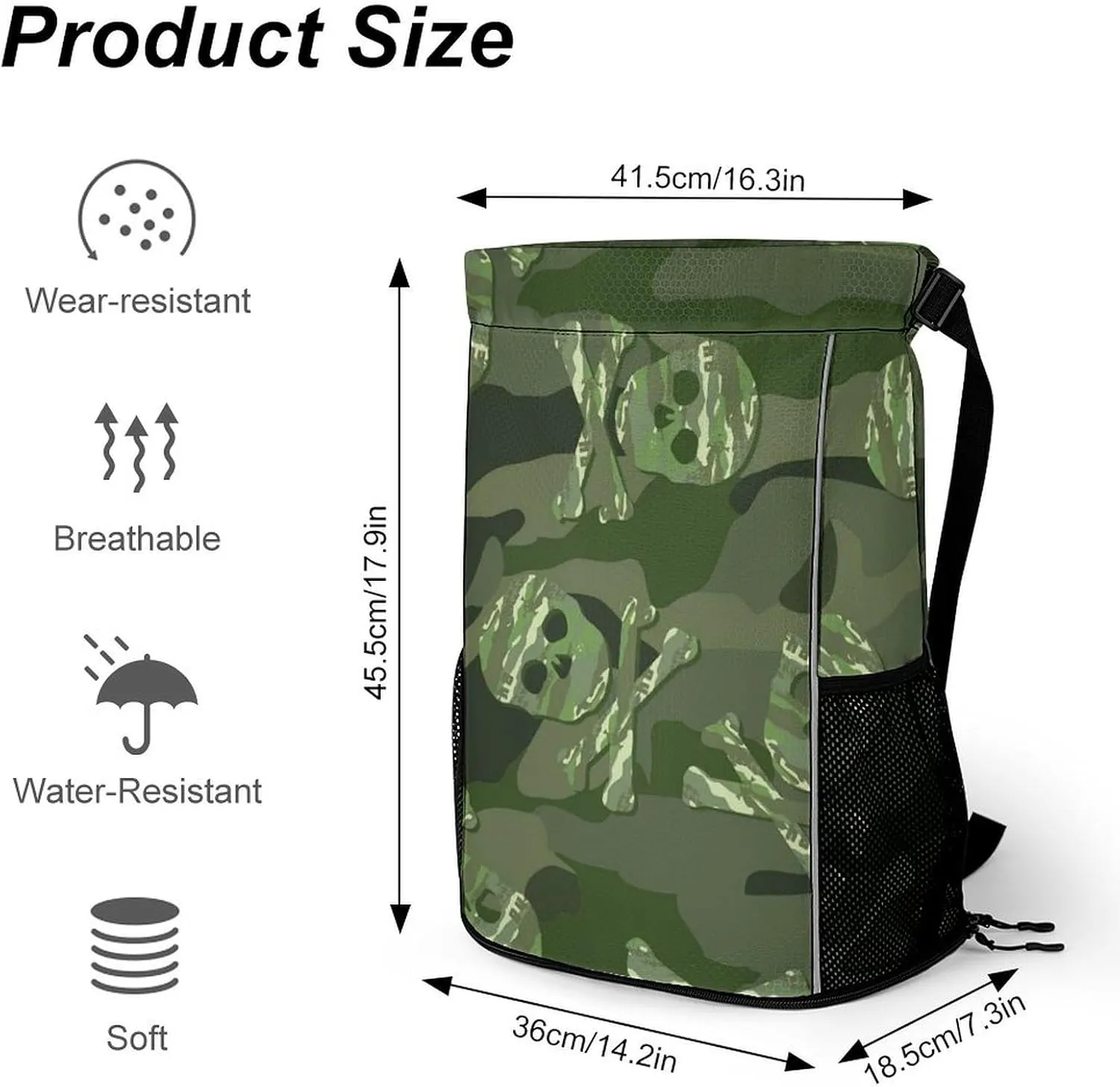 Drawstring Backpack 3D Print Lightweight Cinch Bag Compatible with Skull Green Camo Camouflage Gym Sack String Bag with Shoes Compartment and Small Zipper Pockets for Men Women