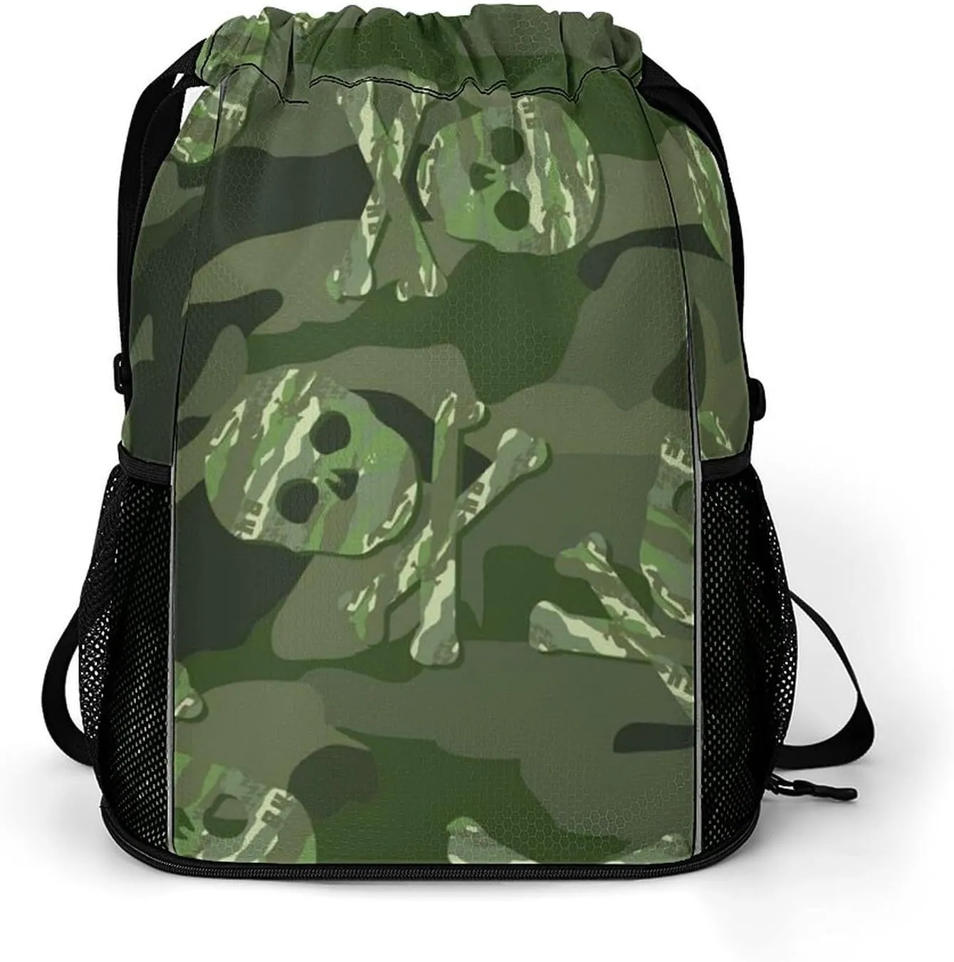 Drawstring Backpack 3D Print Lightweight Cinch Bag Compatible with Skull Green Camo Camouflage Gym Sack String Bag with Shoes Compartment and Small Zipper Pockets for Men Women