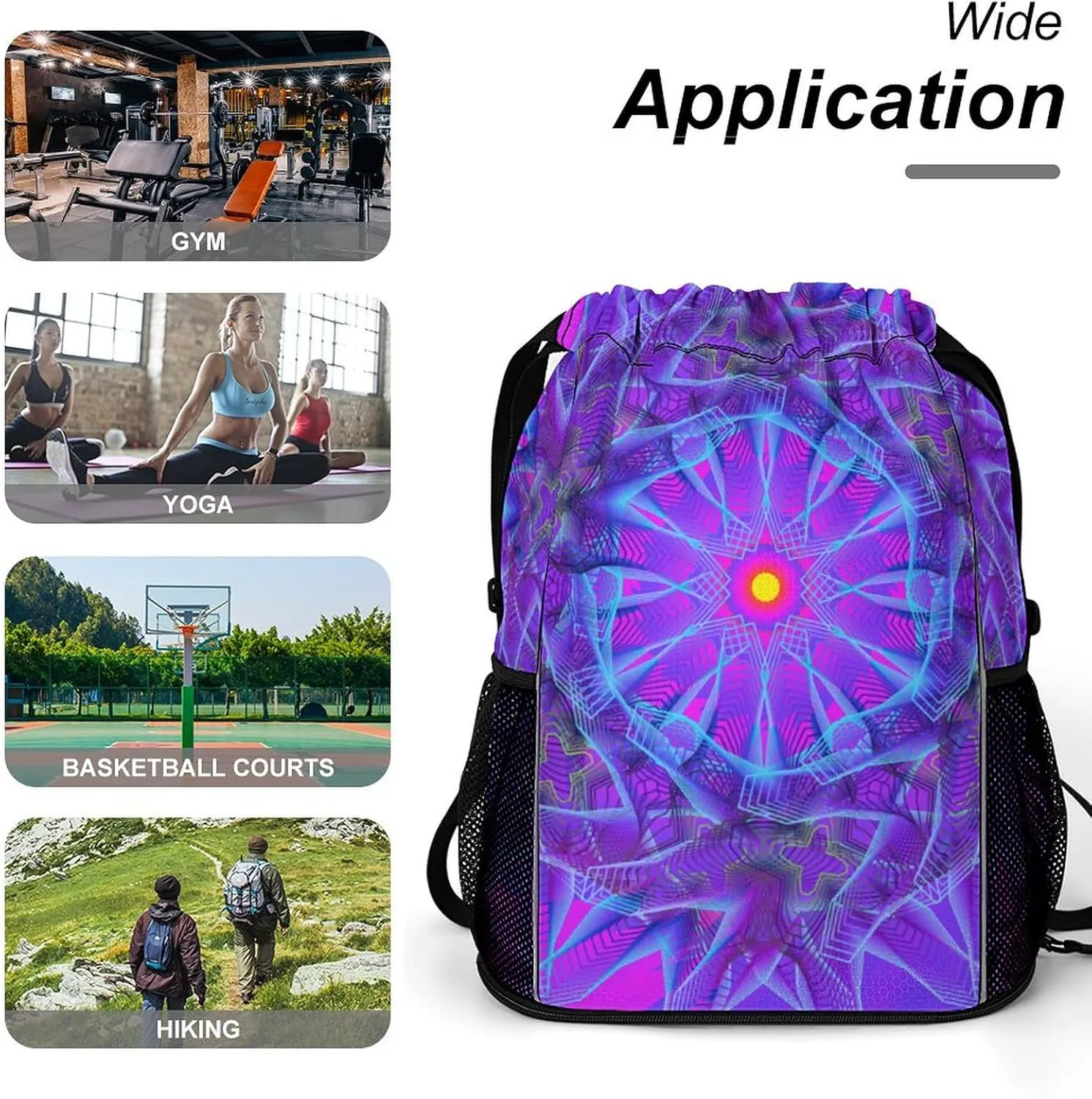 Drawstring Backpack Bag Sackpack Gym Bag Sport Beach Daypack Compatible with Framed Psychedelic Object for Men Women Cycling Hiking Team Training