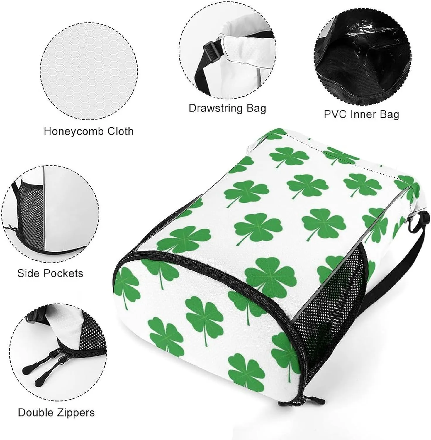 Drawstring Backpack Compatible with Four Leaf Clover Green White String Bag Sports Sackpack Outdoor Fitness Gym Sack with Zipper Pocket and Shoes Compartment for Men Women