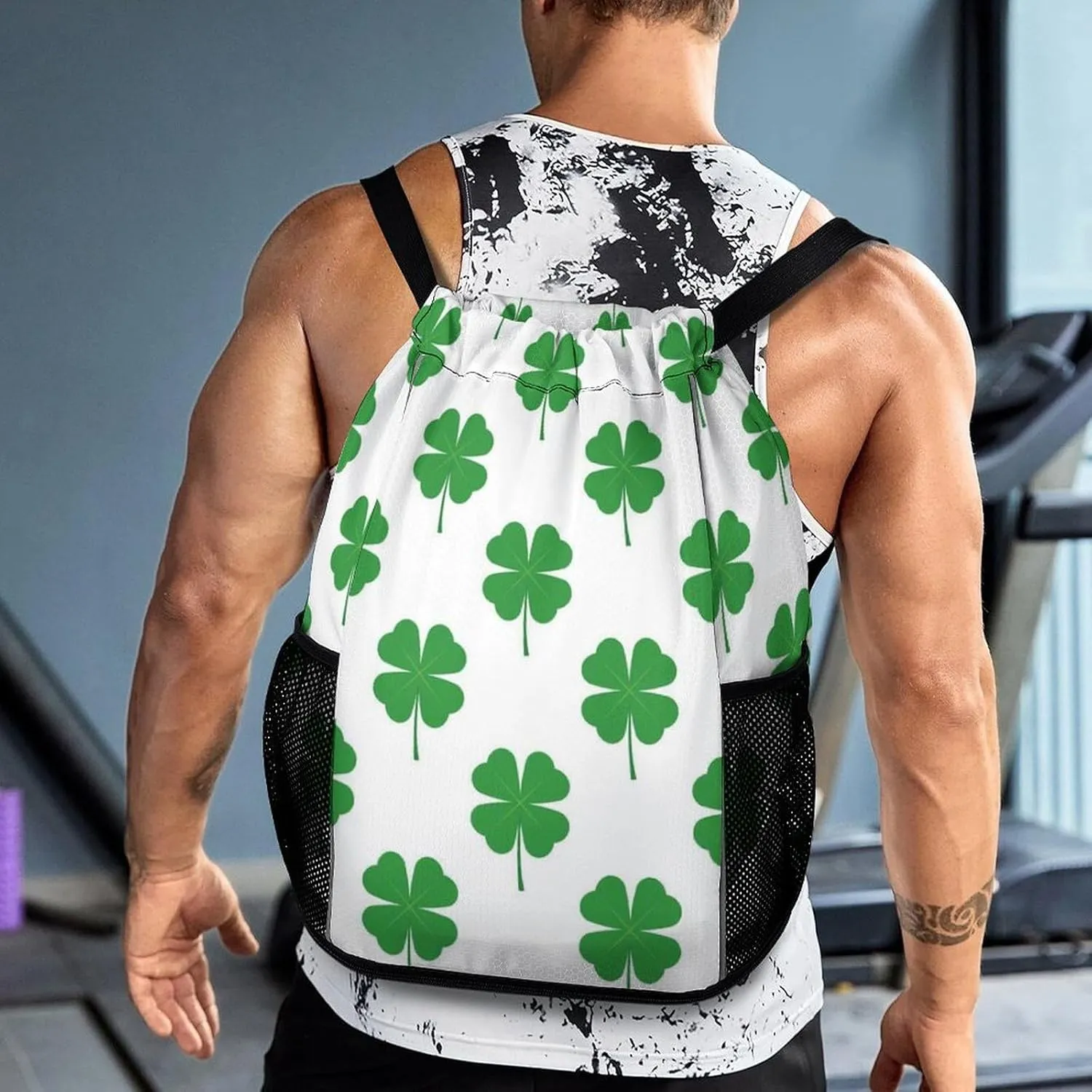 Drawstring Backpack Compatible with Four Leaf Clover Green White String Bag Sports Sackpack Outdoor Fitness Gym Sack with Zipper Pocket and Shoes Compartment for Men Women