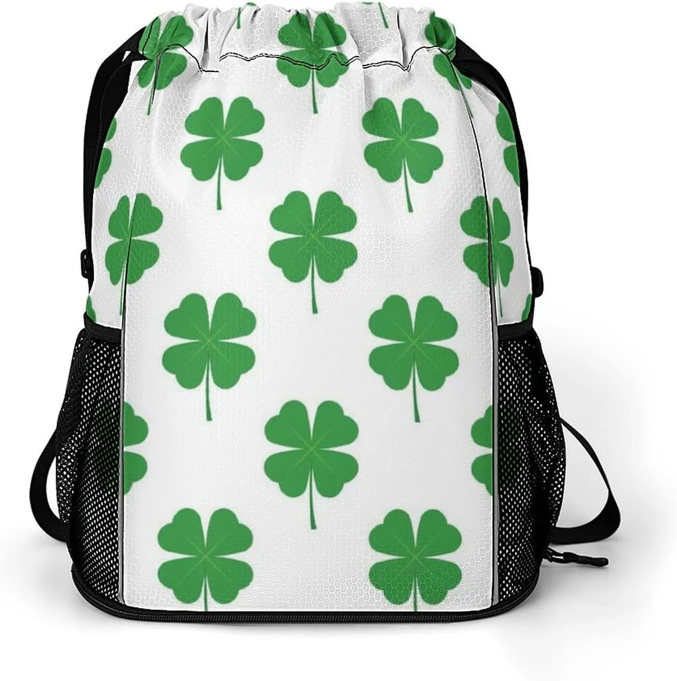 Drawstring Backpack Compatible with Four Leaf Clover Green White String Bag Sports Sackpack Outdoor Fitness Gym Sack with Zipper Pocket and Shoes Compartment for Men Women