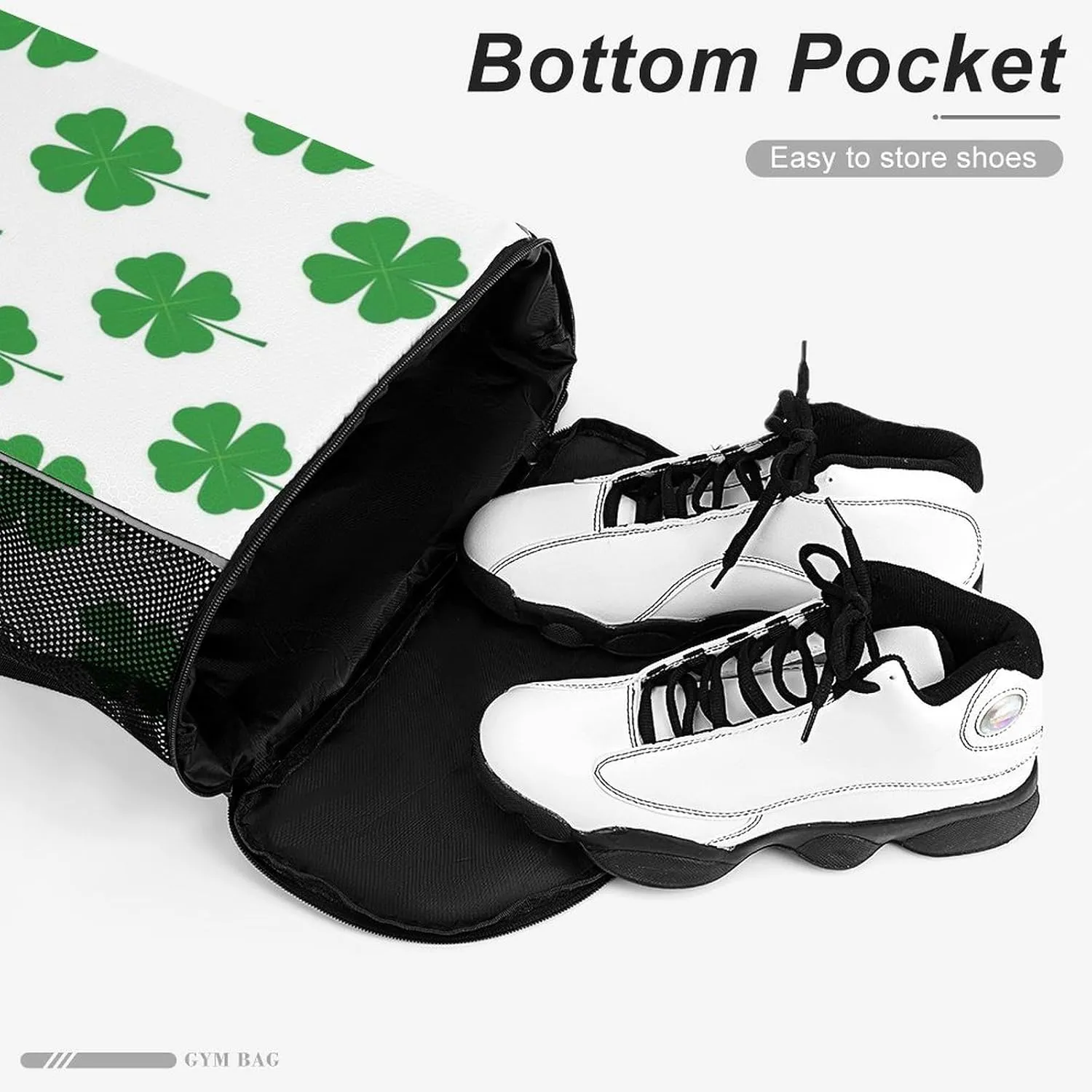 Drawstring Backpack Compatible with Four Leaf Clover Green White String Bag Sports Sackpack Outdoor Fitness Gym Sack with Zipper Pocket and Shoes Compartment for Men Women