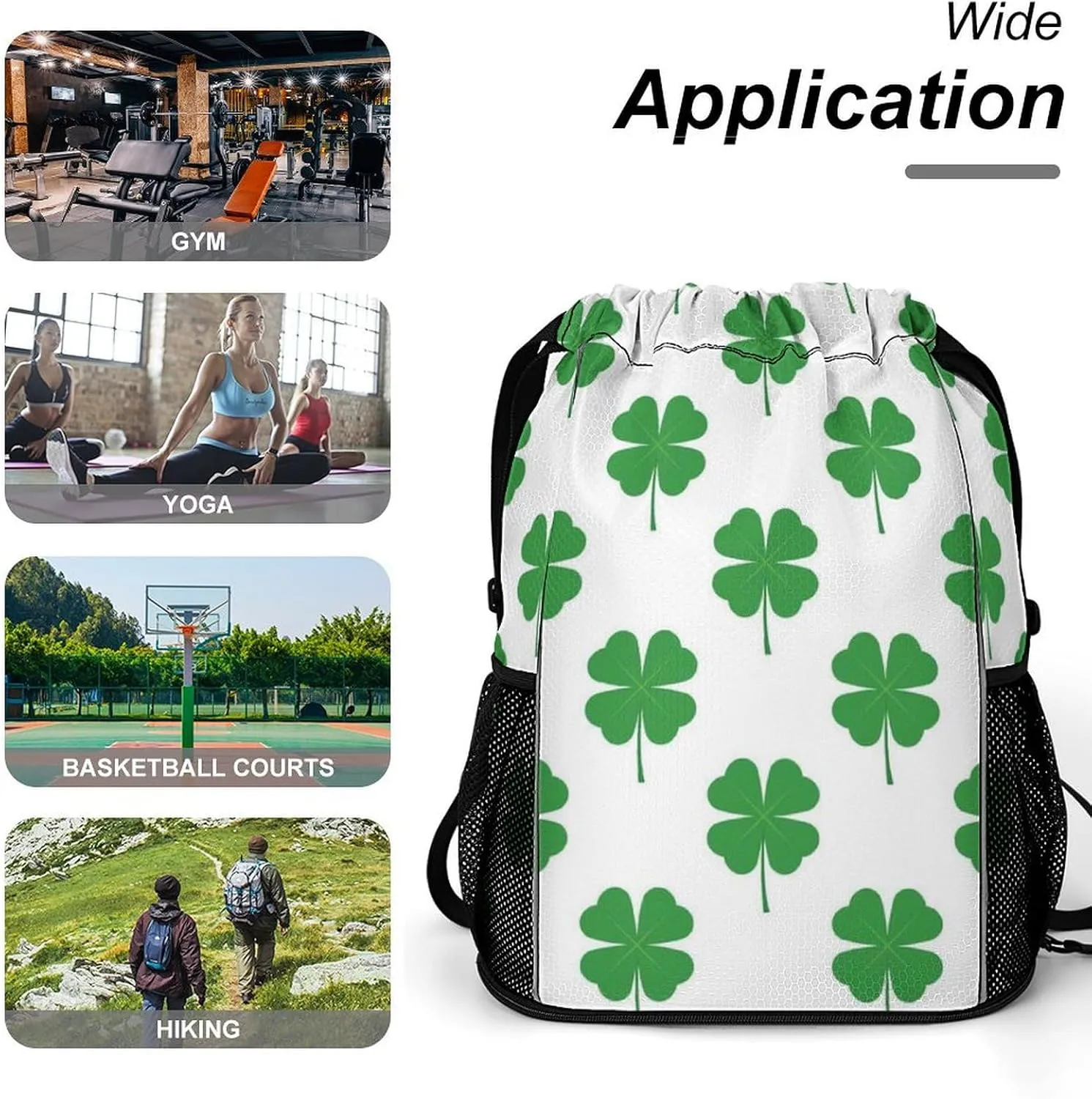 Drawstring Backpack Compatible with Four Leaf Clover Green White String Bag Sports Sackpack Outdoor Fitness Gym Sack with Zipper Pocket and Shoes Compartment for Men Women