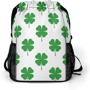 Drawstring Backpack Compatible with Four Leaf Clover Green White String Bag Sports Sackpack Outdoor Fitness Gym Sack with Zipper Pocket and Shoes Compartment for Men Women