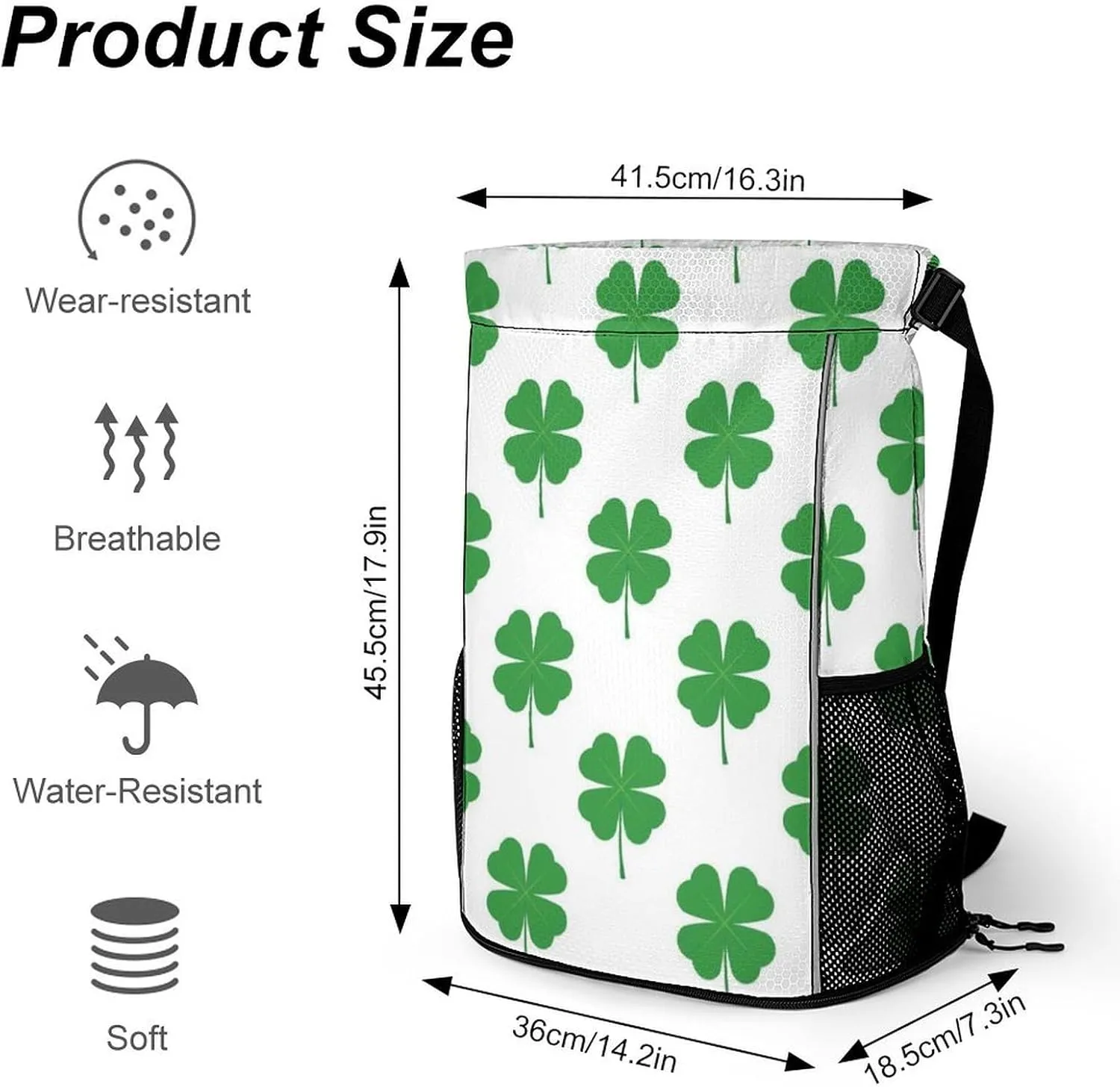 Drawstring Backpack Compatible with Four Leaf Clover Green White String Bag Sports Sackpack Outdoor Fitness Gym Sack with Zipper Pocket and Shoes Compartment for Men Women