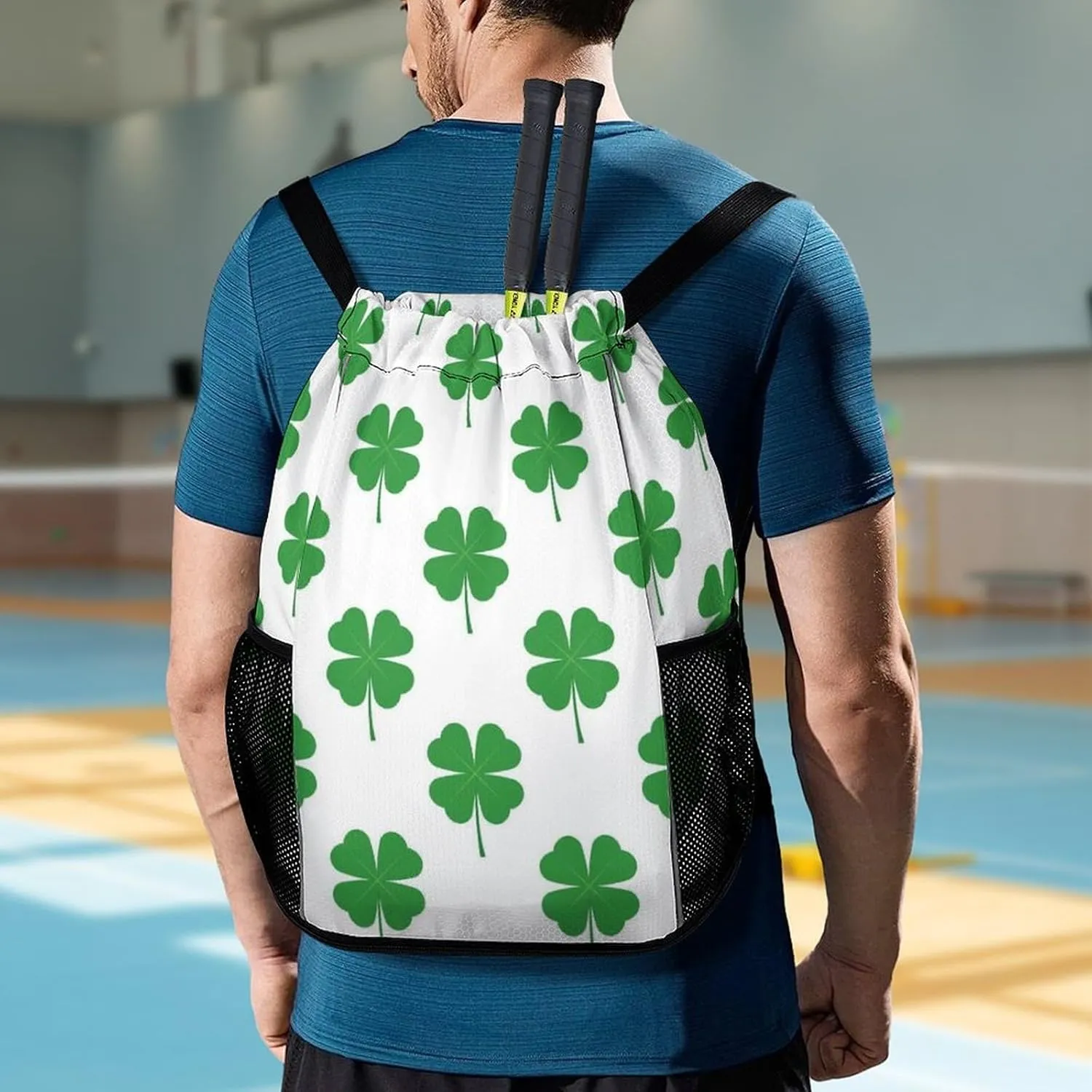Drawstring Backpack Compatible with Four Leaf Clover Green White String Bag Sports Sackpack Outdoor Fitness Gym Sack with Zipper Pocket and Shoes Compartment for Men Women