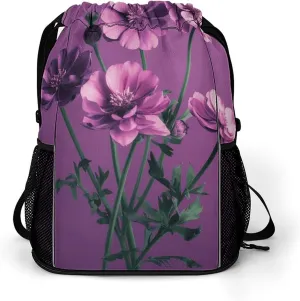 Drawstring Backpack for Men Women Multiple Pockets Sports Backpack Beautiful Purple Flowers Gym Bag for Travel Swim