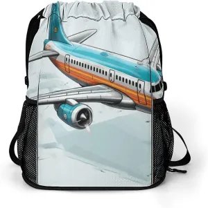 Drawstring Backpack for Men Women Multiple Pockets Sports Backpack Cartoon Airplane Gym Bag for Travel Swim