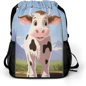 Drawstring Backpack for Men Women Multiple Pockets Sports Backpack Cow Milk Gym Bag for Travel Swim
