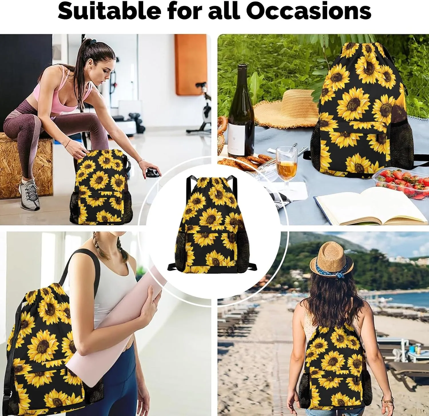 Drawstring Backpack Sports Gym Sackpack with Mesh Pockets Waterproof Sackpack for Women Men(Sunflower)