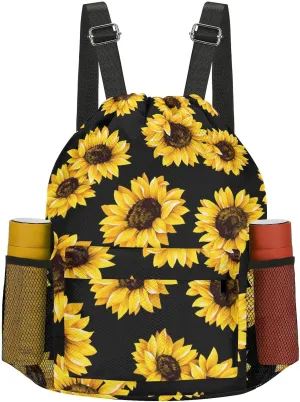Drawstring Backpack Sports Gym Sackpack with Mesh Pockets Waterproof Sackpack for Women Men(Sunflower)