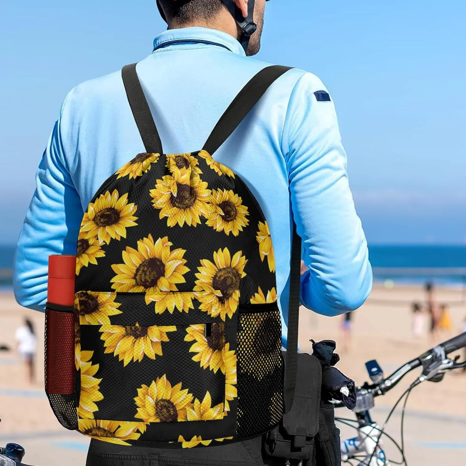 Drawstring Backpack Sports Gym Sackpack with Mesh Pockets Waterproof Sackpack for Women Men(Sunflower)