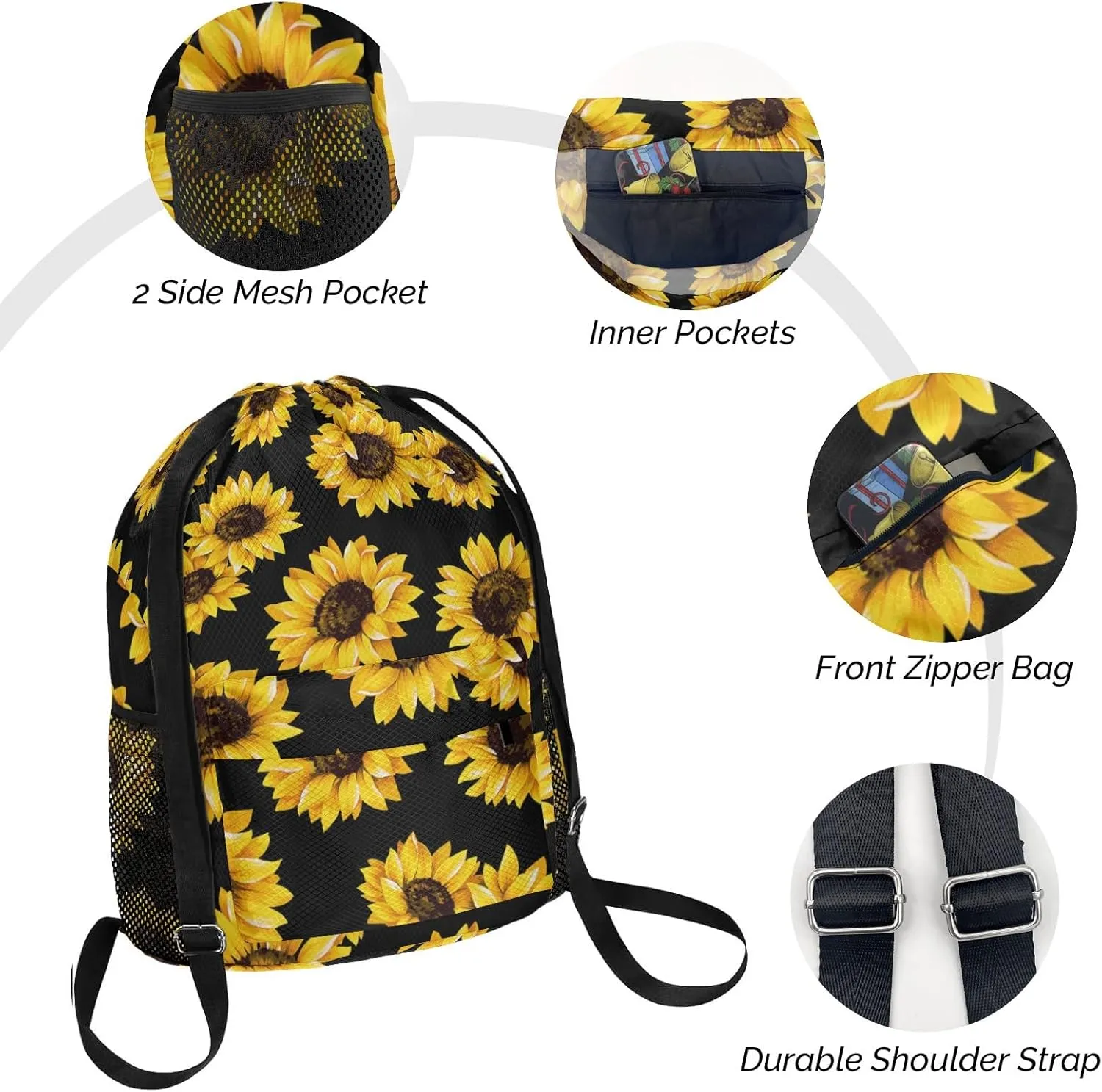 Drawstring Backpack Sports Gym Sackpack with Mesh Pockets Waterproof Sackpack for Women Men(Sunflower)