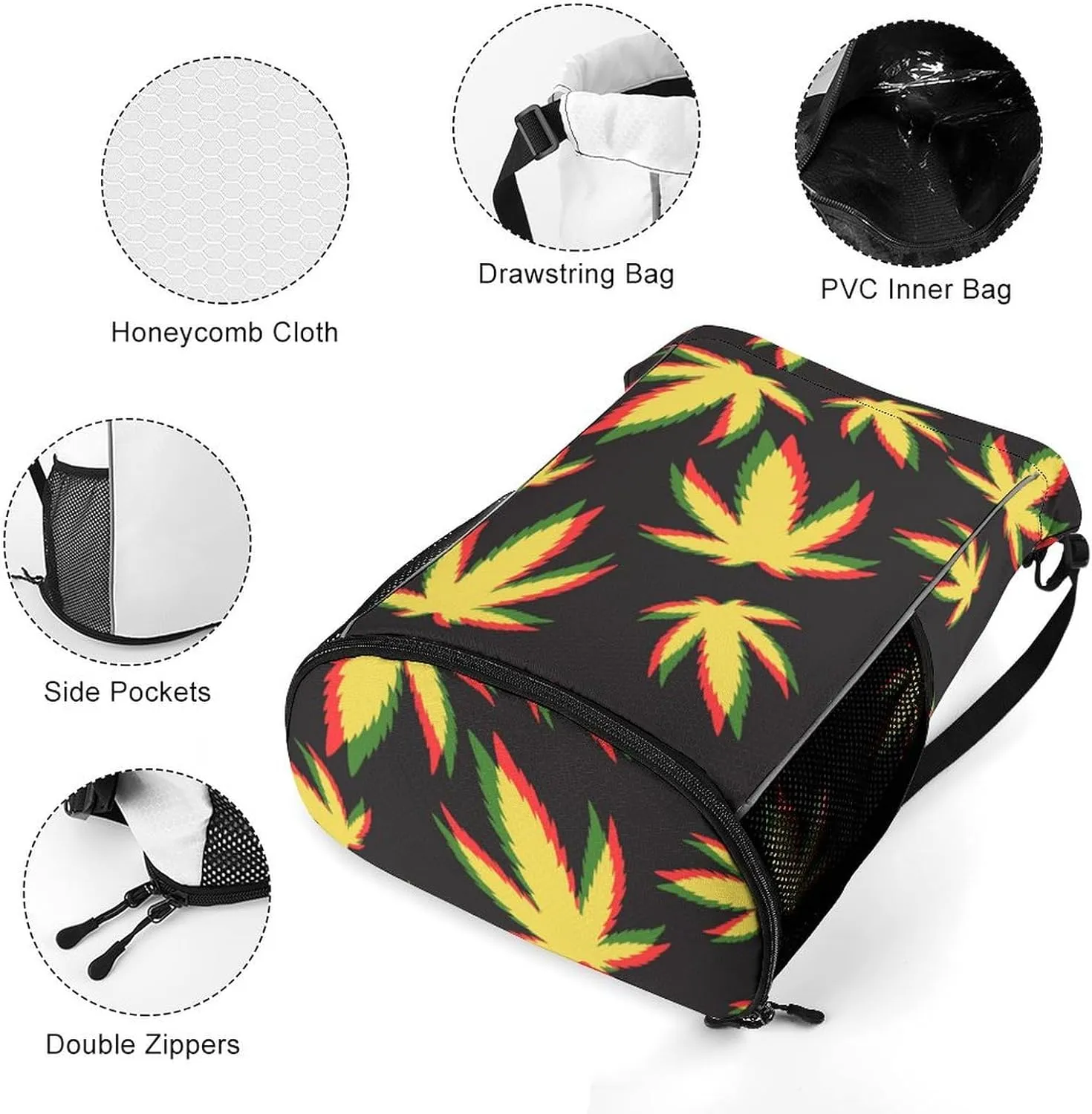 Drawstring Zipper Backpack for Outdoor Swimming Beach Hiking Travel, Men Women Lightweight Gym Bag with Waterproof Compartment, Compatible with Marijuana Pattern Drawstring Backpack