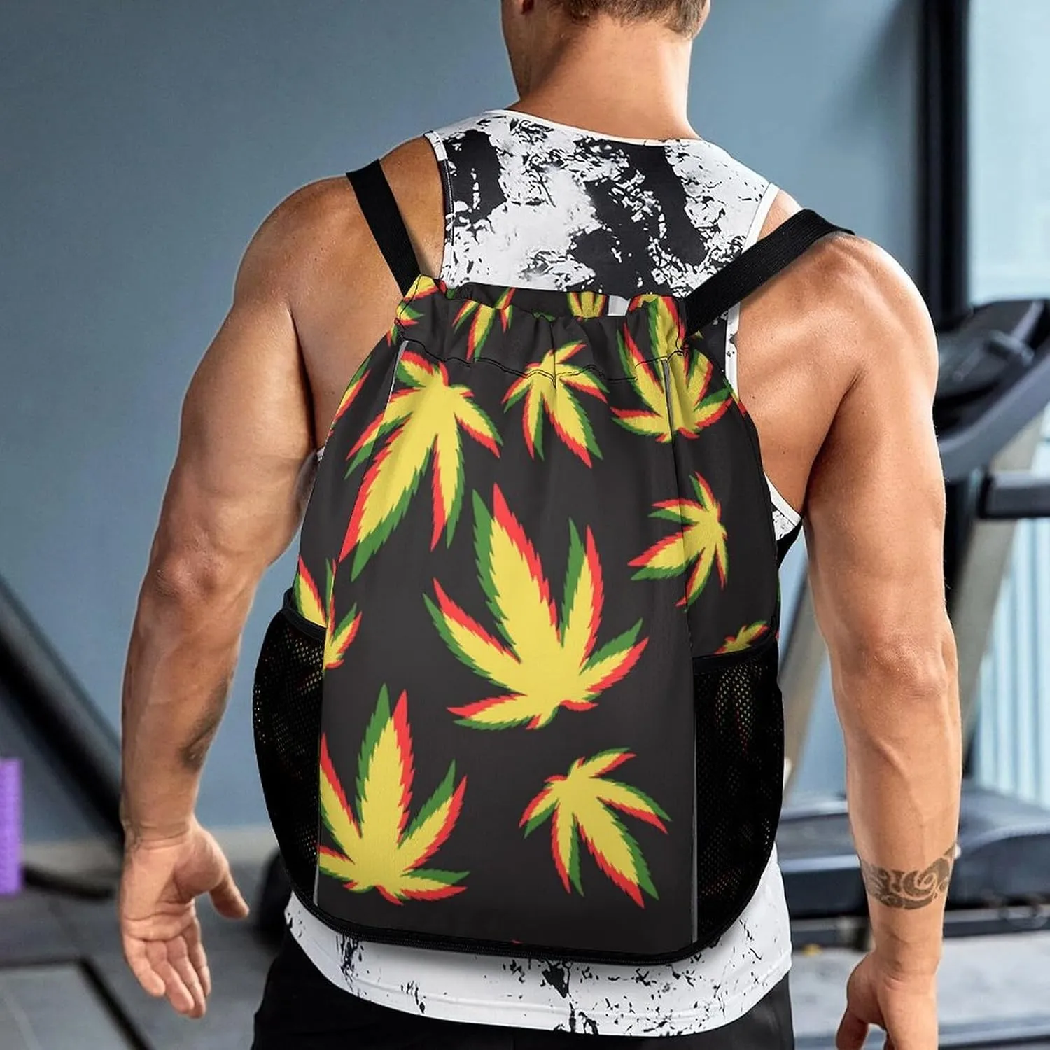 Drawstring Zipper Backpack for Outdoor Swimming Beach Hiking Travel, Men Women Lightweight Gym Bag with Waterproof Compartment, Compatible with Marijuana Pattern Drawstring Backpack