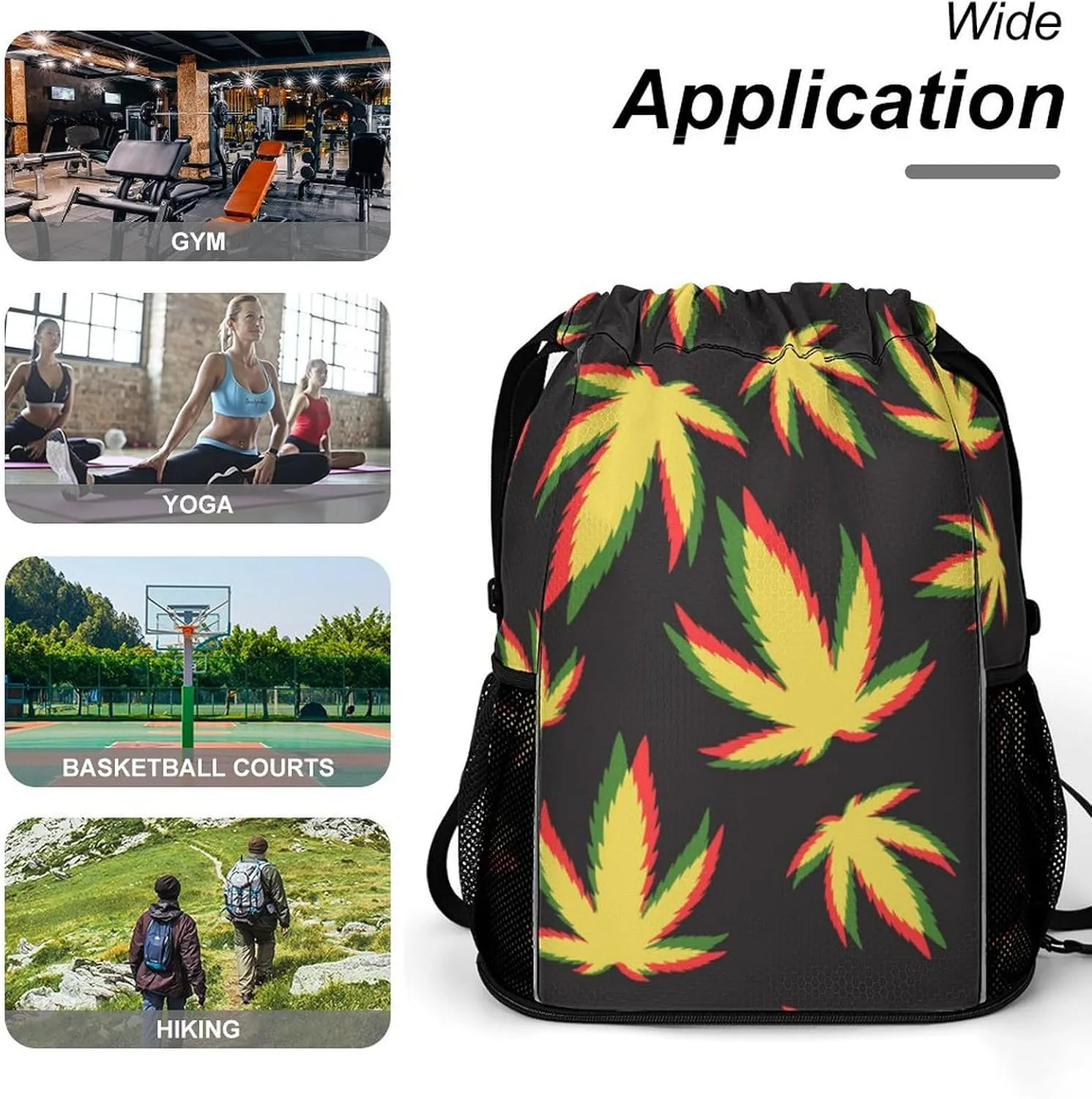 Drawstring Zipper Backpack for Outdoor Swimming Beach Hiking Travel, Men Women Lightweight Gym Bag with Waterproof Compartment, Compatible with Marijuana Pattern Drawstring Backpack