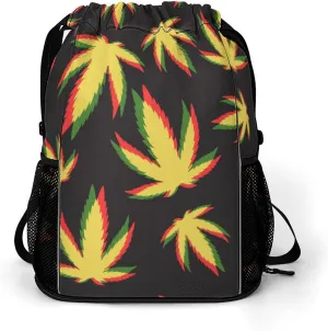 Drawstring Zipper Backpack for Outdoor Swimming Beach Hiking Travel, Men Women Lightweight Gym Bag with Waterproof Compartment, Compatible with Marijuana Pattern Drawstring Backpack