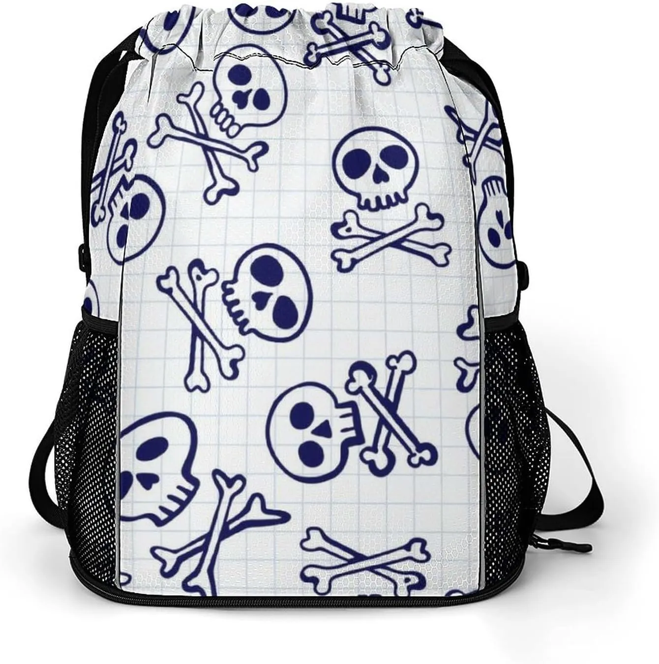 Drawstring Zipper Backpack for Outdoor Swimming Beach Hiking Travel, Men Women Lightweight Gym Bag with Waterproof Compartment, Compatible with Skull Drawstring Backpack