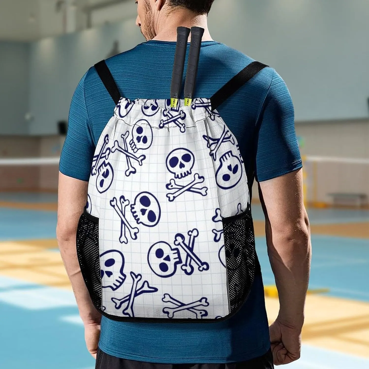 Drawstring Zipper Backpack for Outdoor Swimming Beach Hiking Travel, Men Women Lightweight Gym Bag with Waterproof Compartment, Compatible with Skull Drawstring Backpack