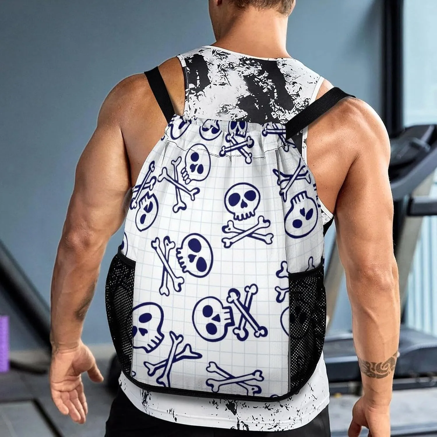 Drawstring Zipper Backpack for Outdoor Swimming Beach Hiking Travel, Men Women Lightweight Gym Bag with Waterproof Compartment, Compatible with Skull Drawstring Backpack