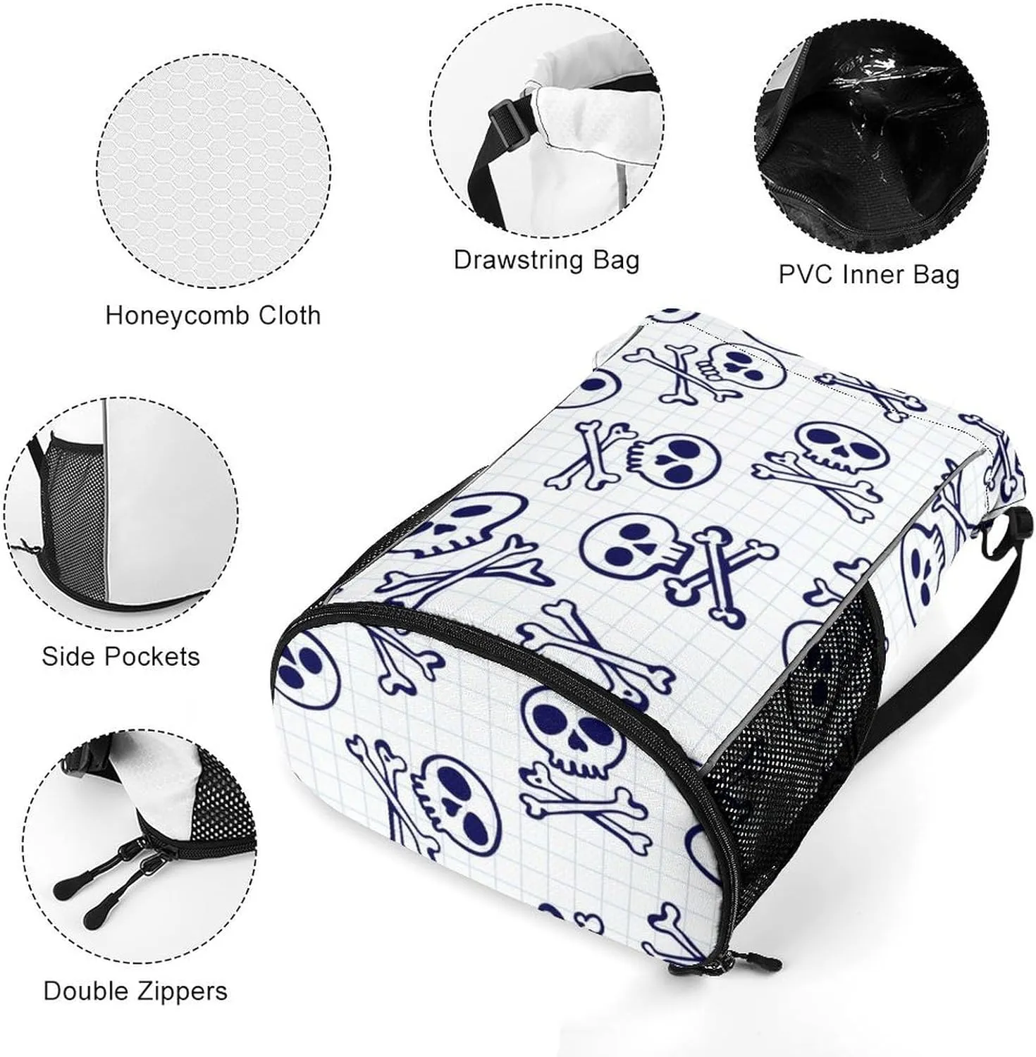 Drawstring Zipper Backpack for Outdoor Swimming Beach Hiking Travel, Men Women Lightweight Gym Bag with Waterproof Compartment, Compatible with Skull Drawstring Backpack
