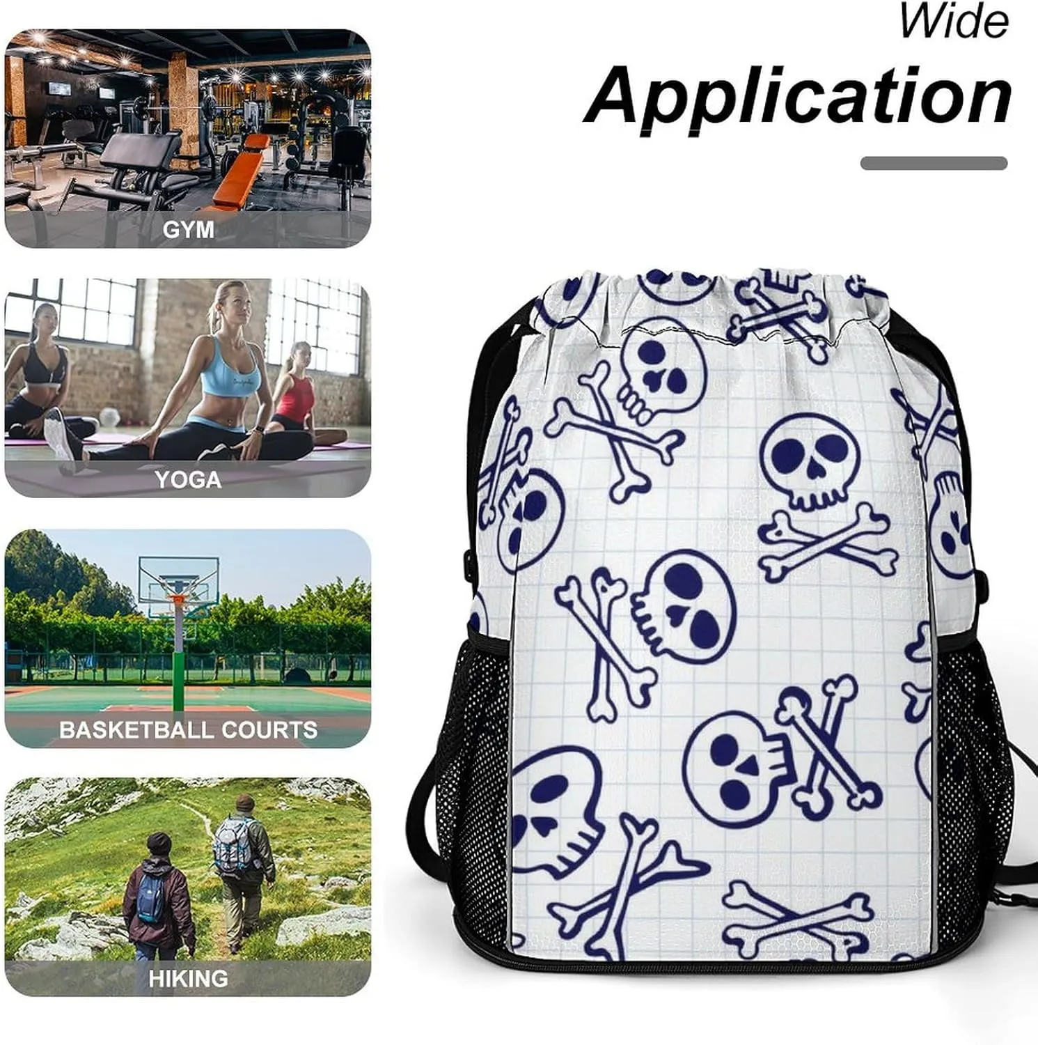 Drawstring Zipper Backpack for Outdoor Swimming Beach Hiking Travel, Men Women Lightweight Gym Bag with Waterproof Compartment, Compatible with Skull Drawstring Backpack