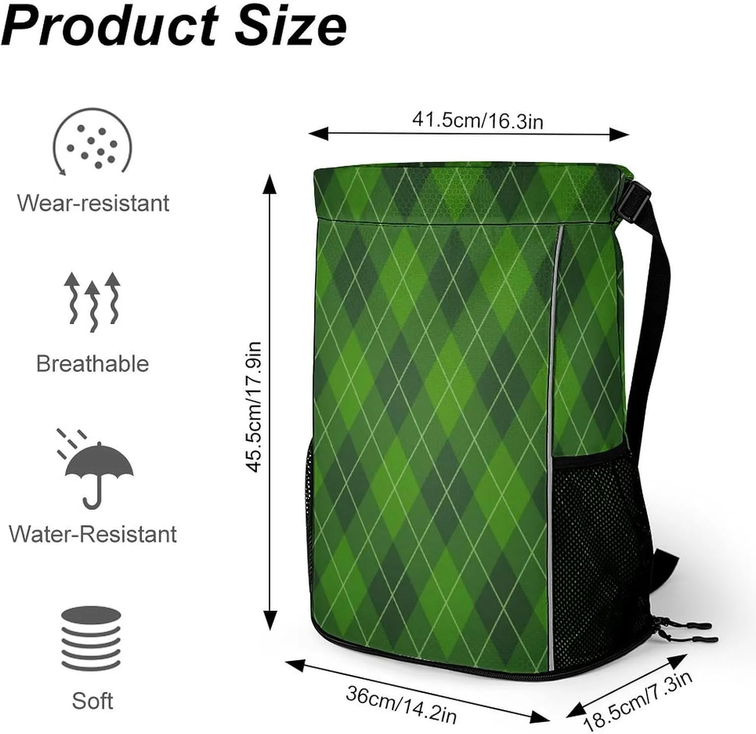 Drawstring Zipper Backpack for Outdoor Swimming Beach Hiking Travel, Men Women Lightweight Gym Bag with Waterproof Compartment, Compatible with St Patricks Day Green Plaid Tartan Drawstring Backpack