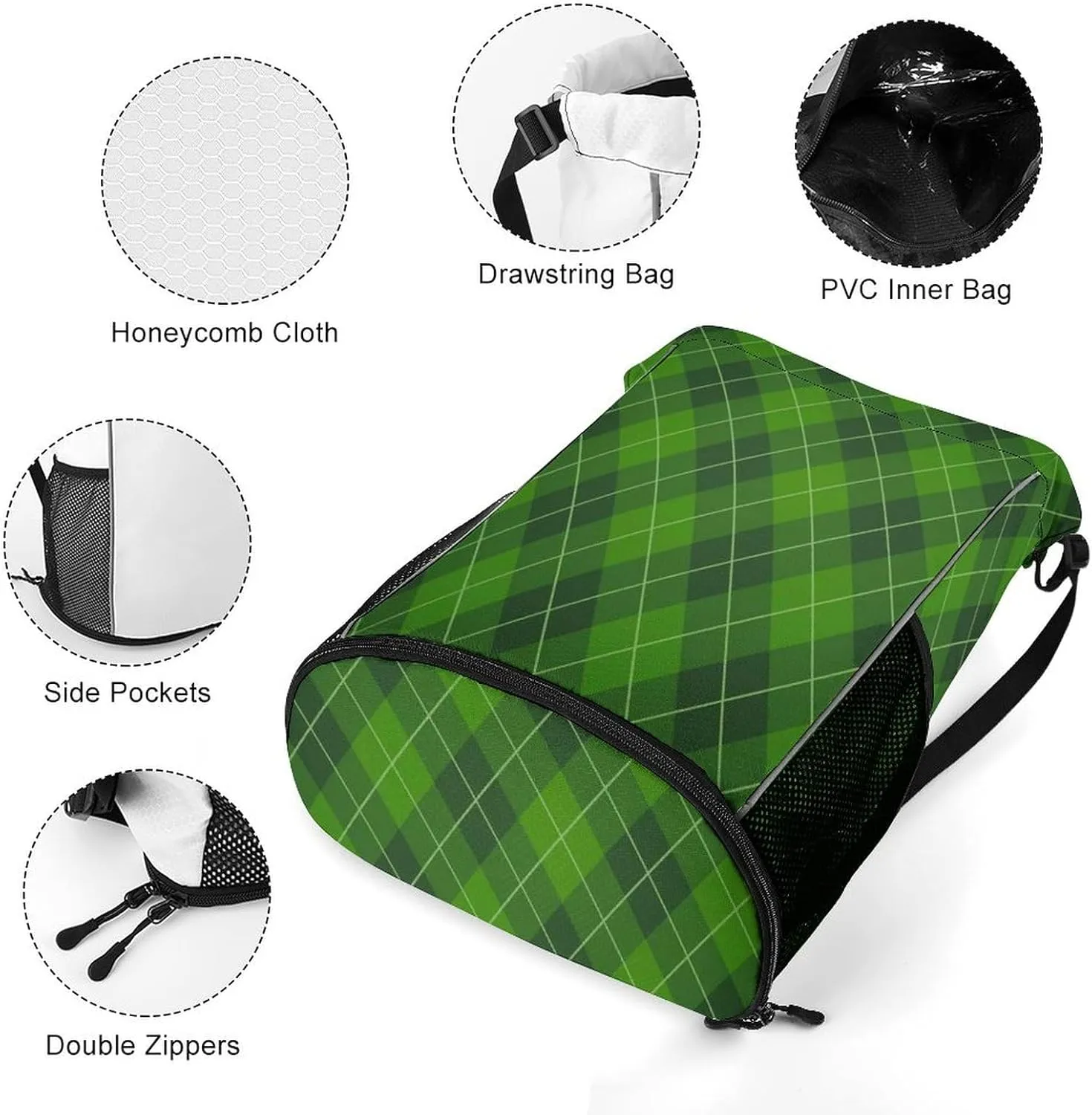 Drawstring Zipper Backpack for Outdoor Swimming Beach Hiking Travel, Men Women Lightweight Gym Bag with Waterproof Compartment, Compatible with St Patricks Day Green Plaid Tartan Drawstring Backpack
